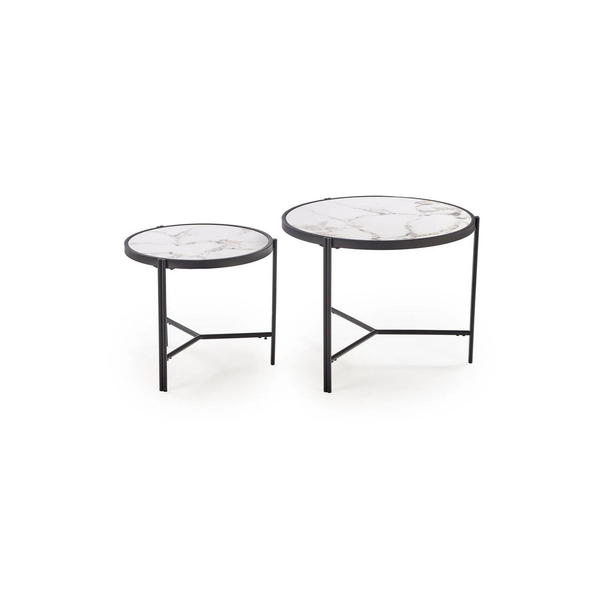 Set 2 masute cafea FATIMA, alb cu efect de marmura/negru, ceramica/metal