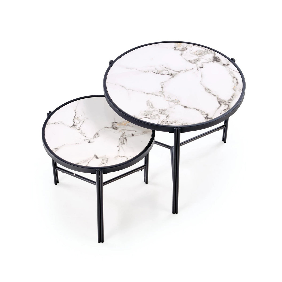 Set 2 masute cafea FATIMA, alb cu efect de marmura/negru, ceramica/metal