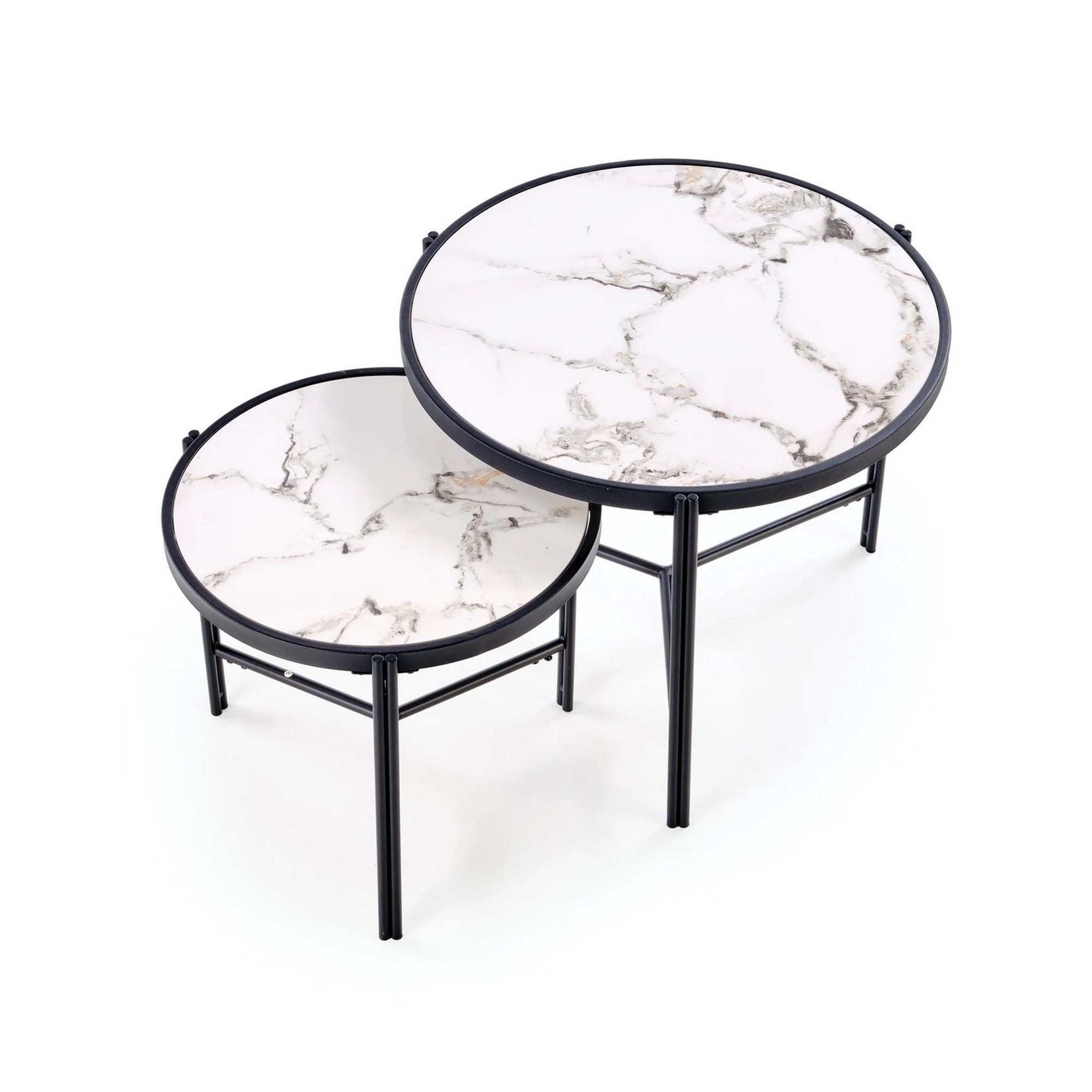 Set 2 masute cafea FATIMA, alb cu efect de marmura/negru, ceramica/metal