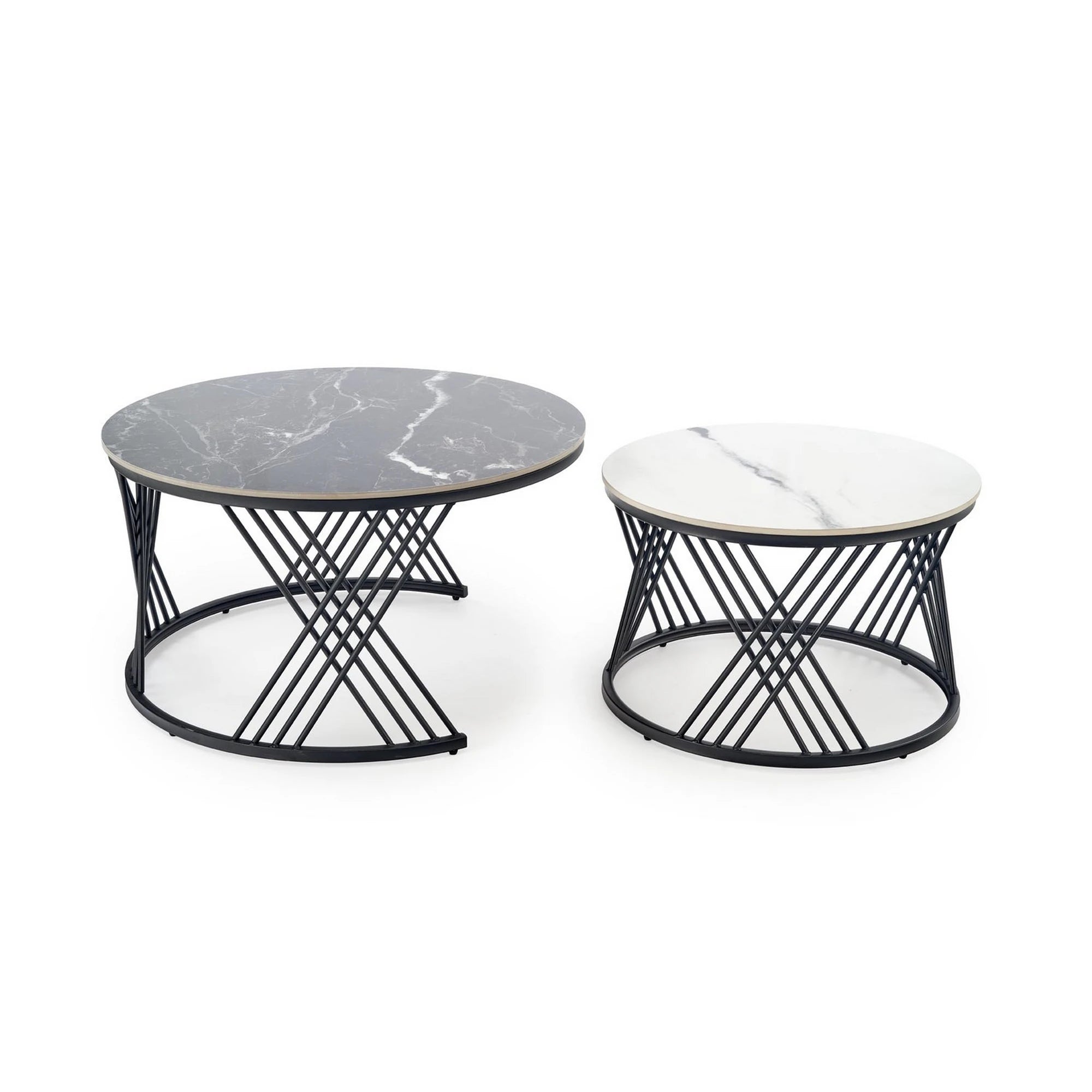 Set 2 masute cafea FLAMINGO, negru cu efect de marmura/alb cu efect de marmura/negru, piatra sinterizata/metal