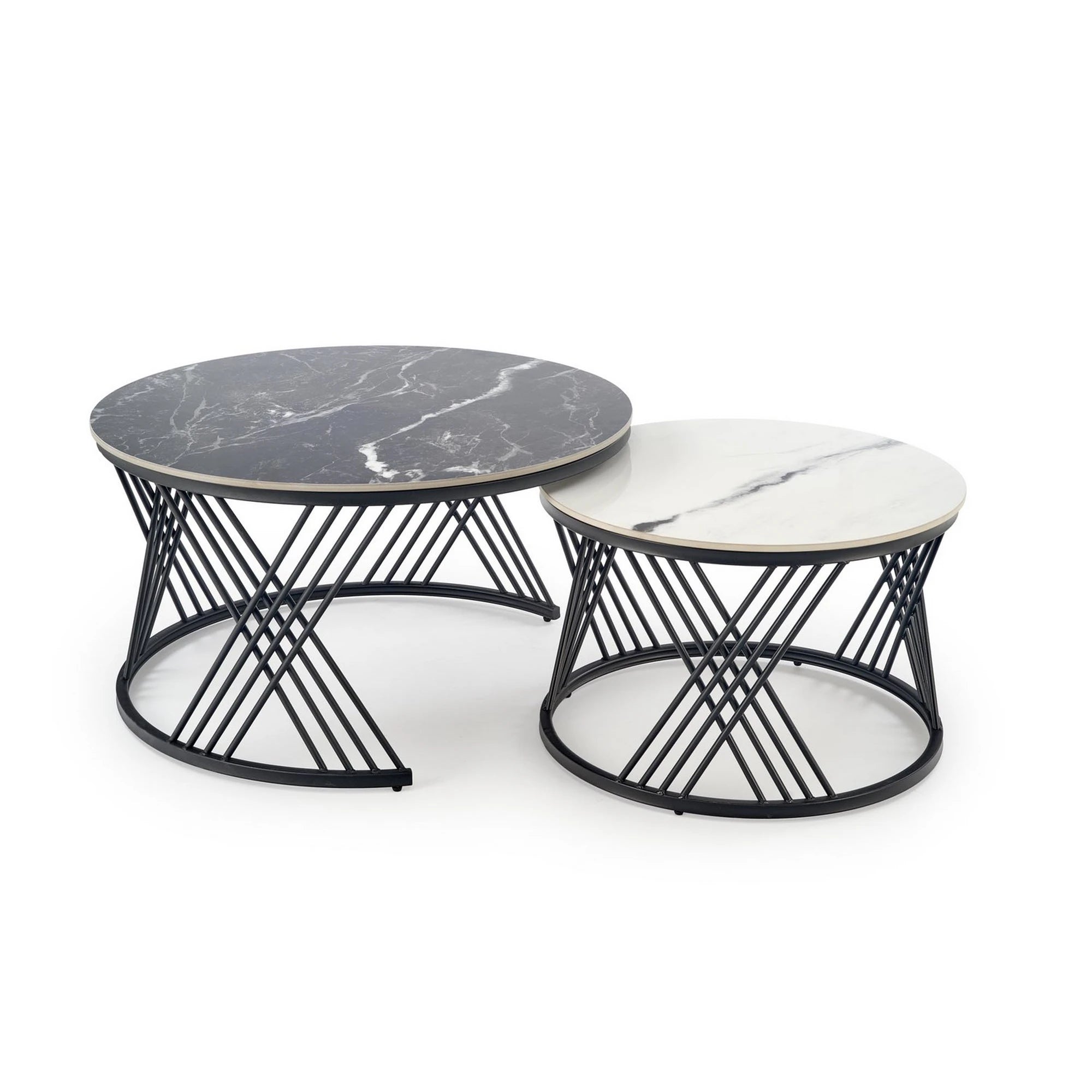 Set 2 masute cafea FLAMINGO, negru cu efect de marmura/alb cu efect de marmura/negru, piatra sinterizata/metal