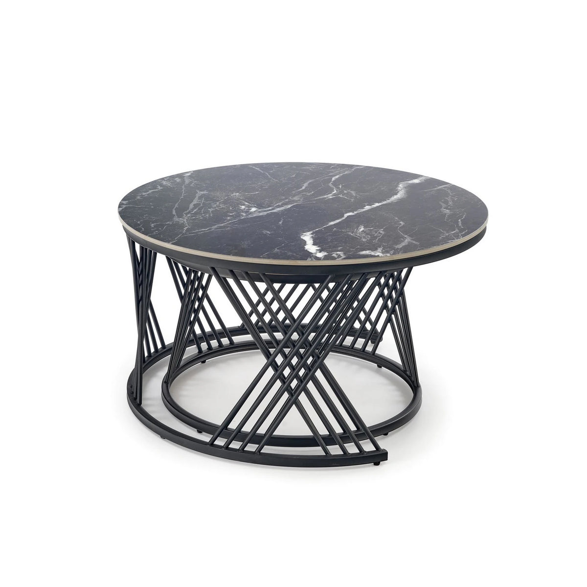Set 2 masute cafea FLAMINGO, negru cu efect de marmura/alb cu efect de marmura/negru, piatra sinterizata/metal