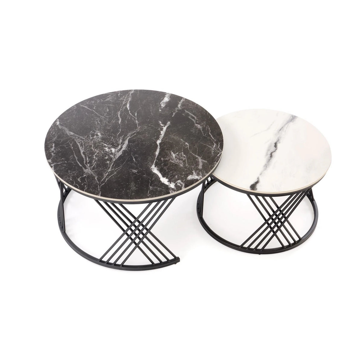 Set 2 masute cafea FLAMINGO, negru cu efect de marmura/alb cu efect de marmura/negru, piatra sinterizata/metal