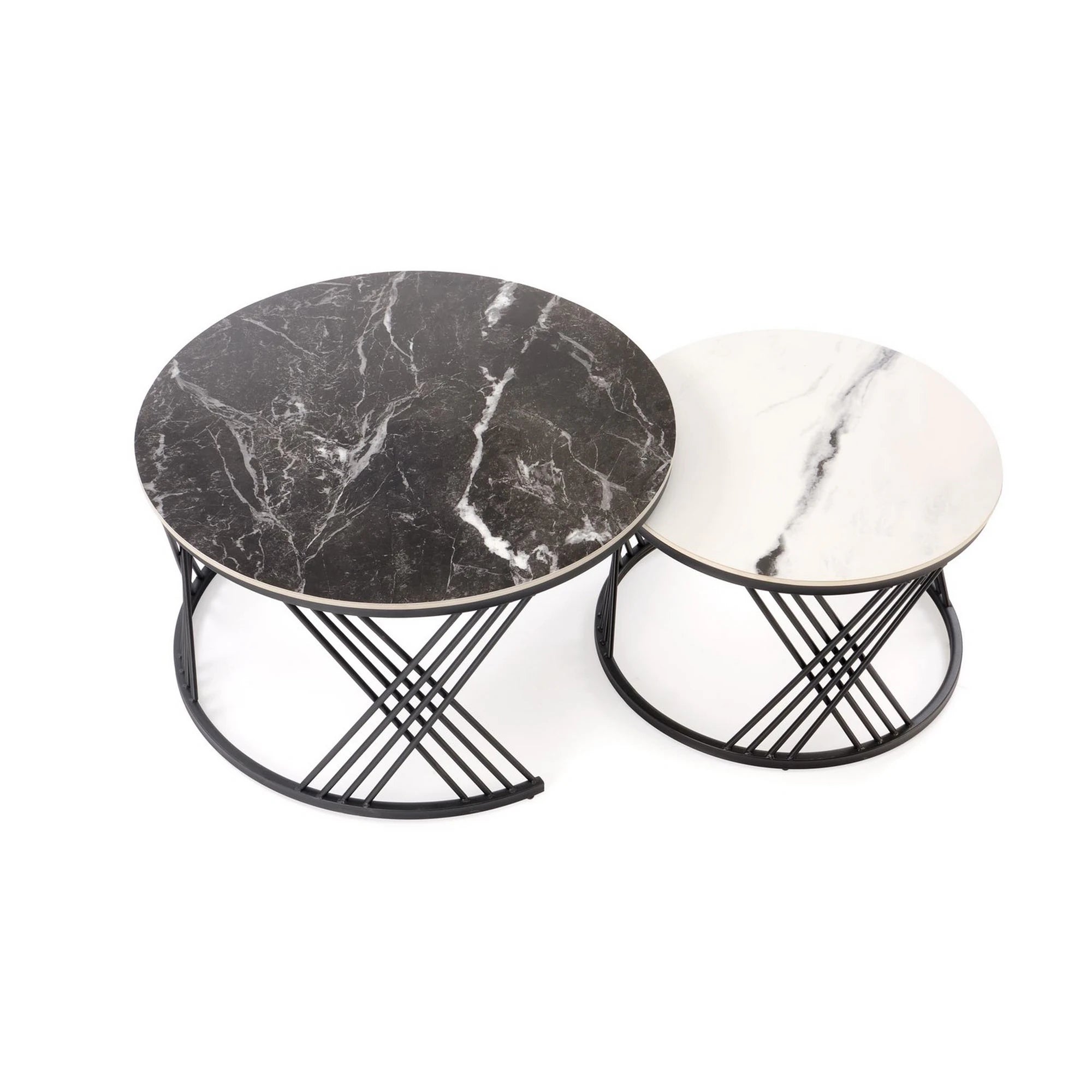 Set 2 masute cafea FLAMINGO, negru cu efect de marmura/alb cu efect de marmura/negru, piatra sinterizata/metal