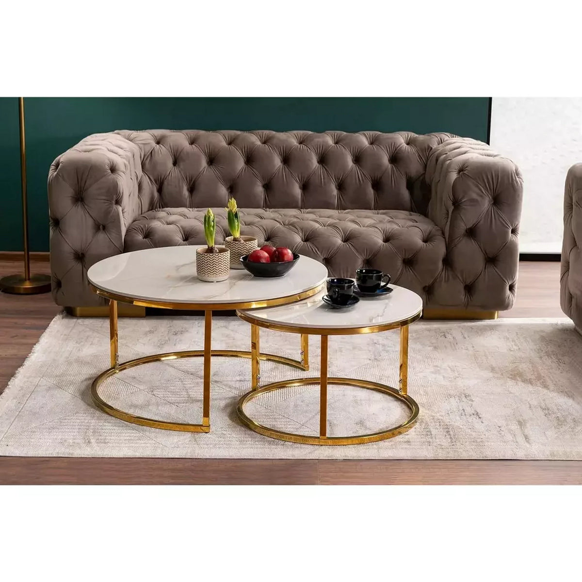 Set 2 masute cafea PORTAFINO A, alb cu efect de marmura/auriu, ceramica/metal, 80/60