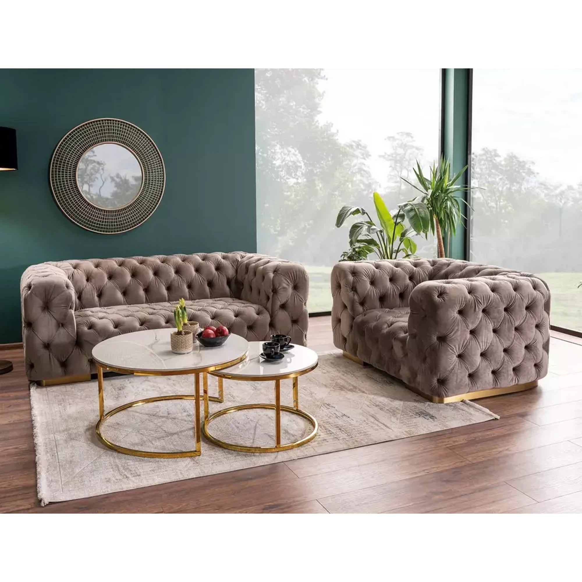 Set 2 masute cafea PORTAFINO A, alb cu efect de marmura/auriu, ceramica/metal, 80/60