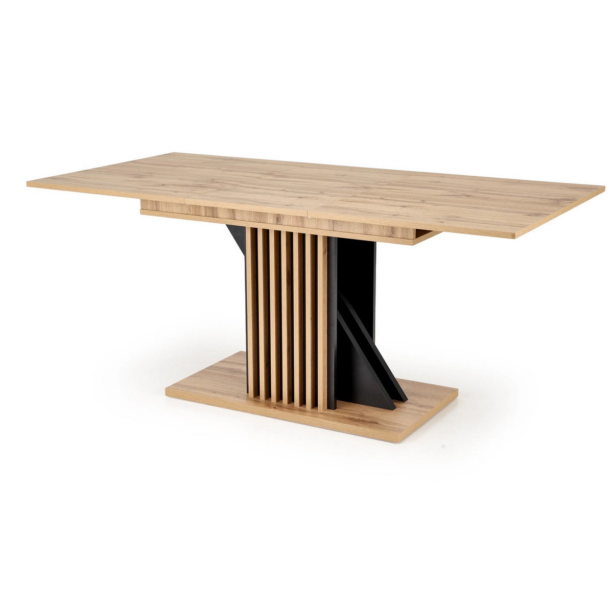 Masa living moderna FABIANO, stejar/negru, PAL laminat, 130/175x85x76 cm