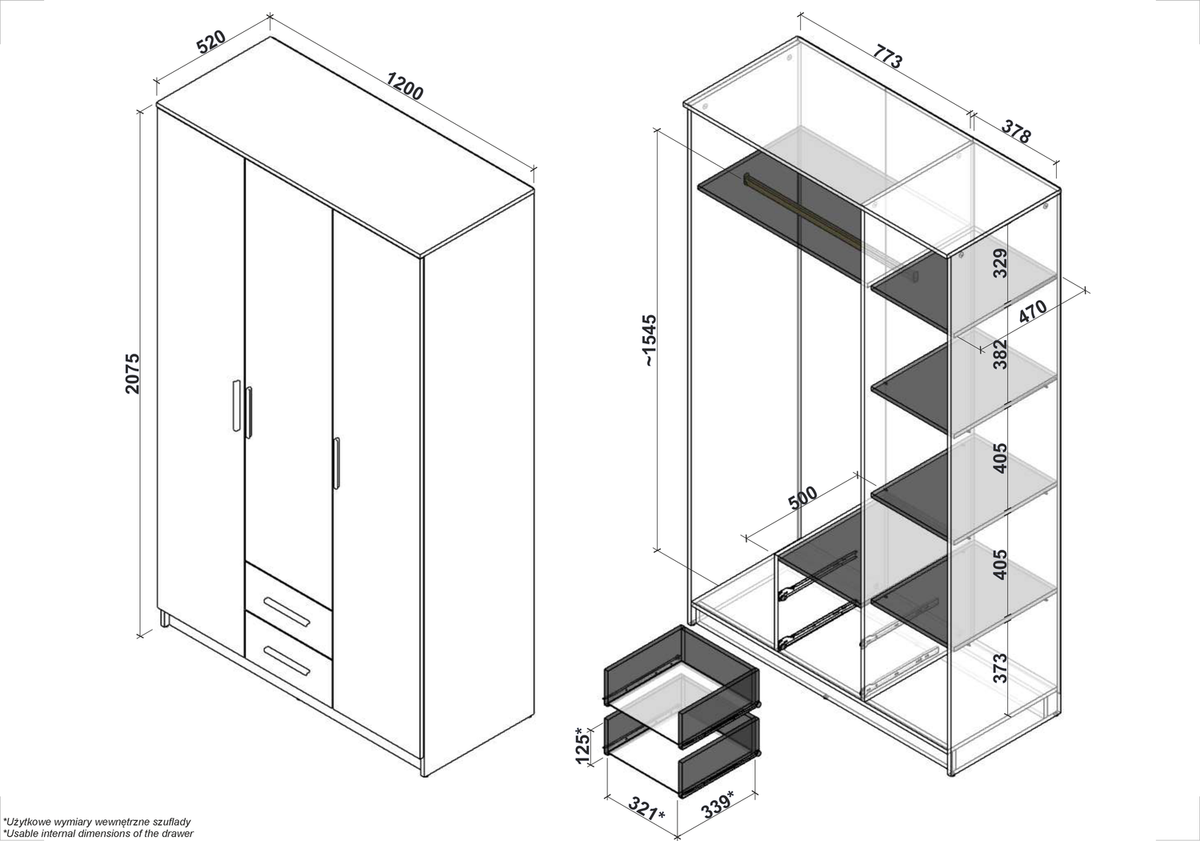 Dulap LIMA S-3, stejar sonoma, PAL laminat, cu 3 usi si 2 sertare, 120x52x205 cm