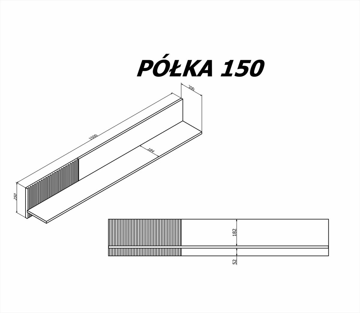 Polita RANDOM, stejar wotan/negru, PAL, 150x20x25 cm