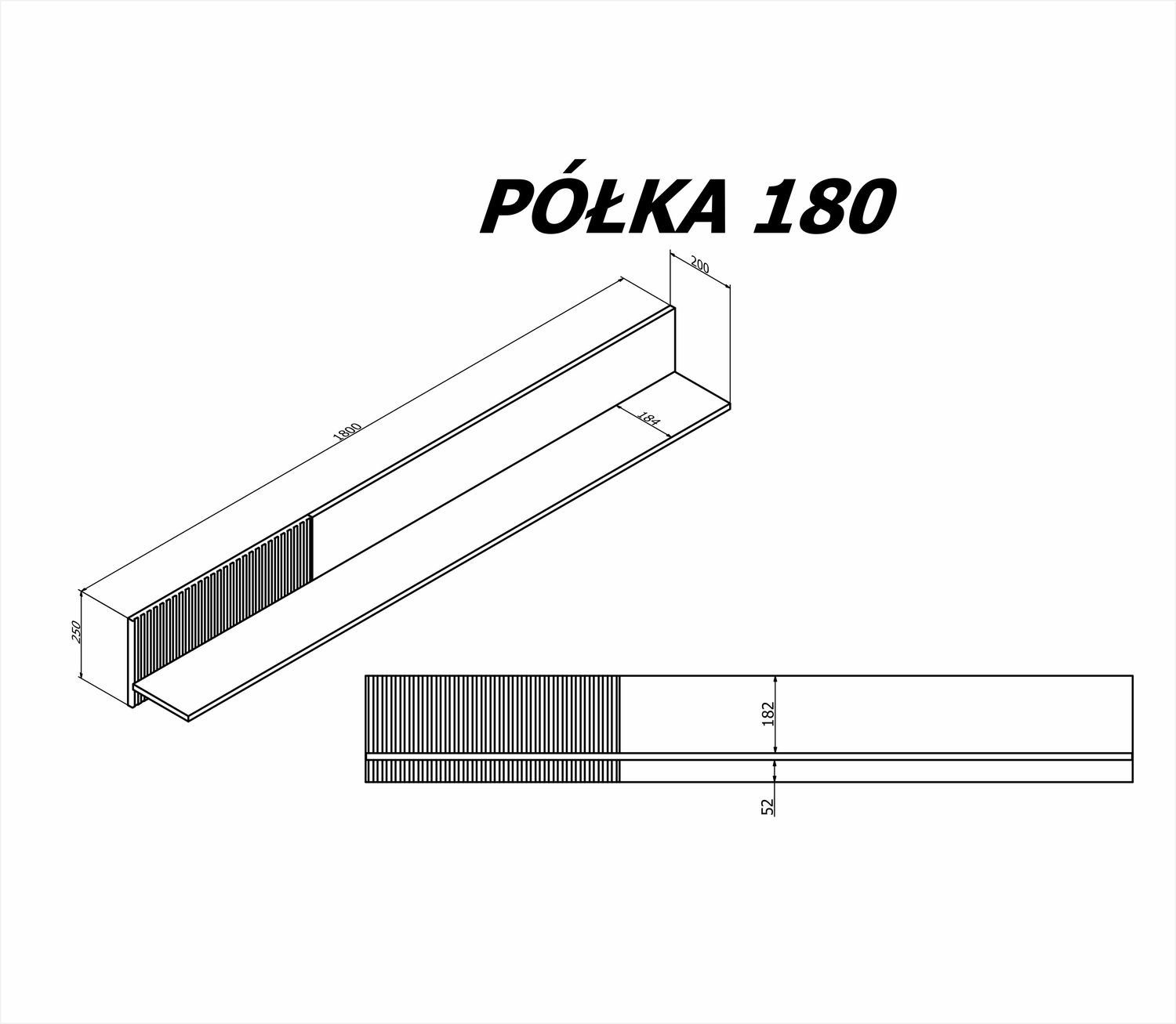 Polita RANDOM, stejar wotan/negru, PAL, 180x20x25 cm