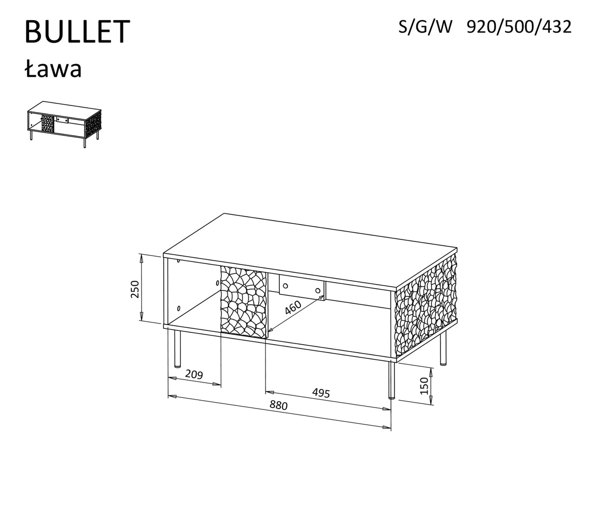 Masuta cafea BULLET, negru/auriu, PAL laminat, 90X50X43 cm