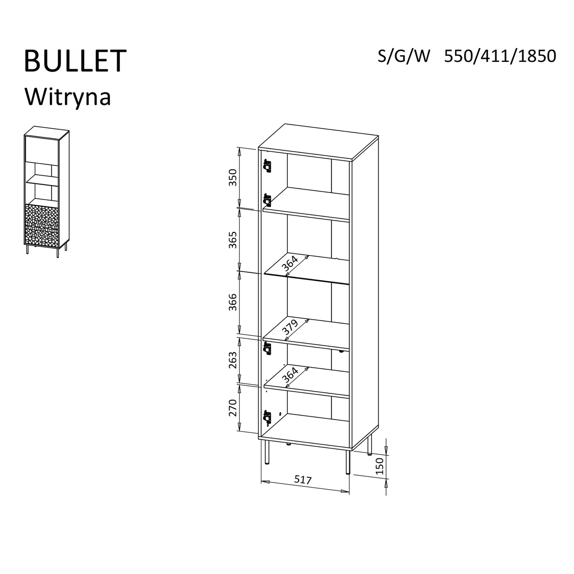 Vitrina BULLET, negru mat, PAL, 55x41x185 cm