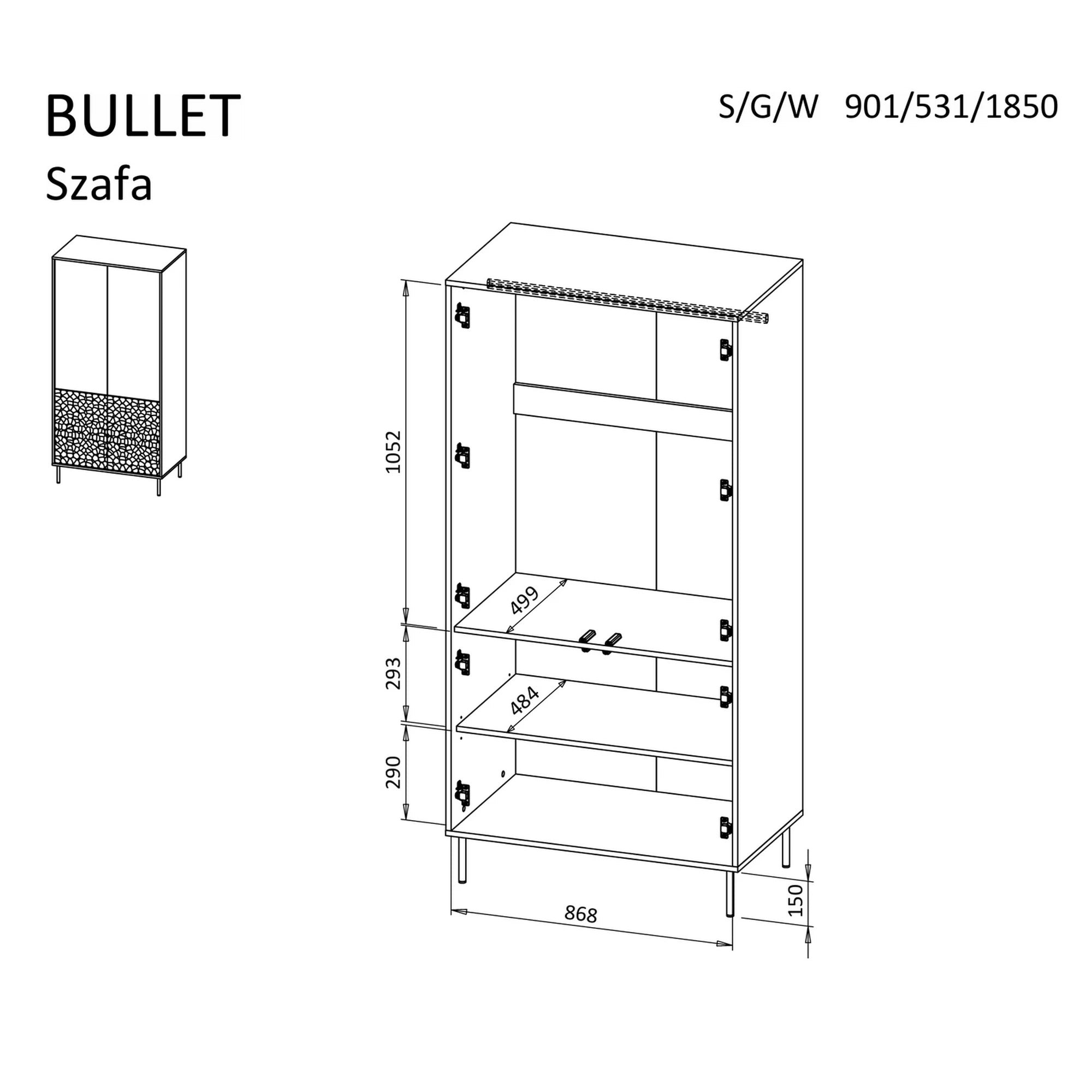 Dulap BULLET S-1, negru/auriu, PAL laminat/metal, cu 4 usi, 90x53x185 cm