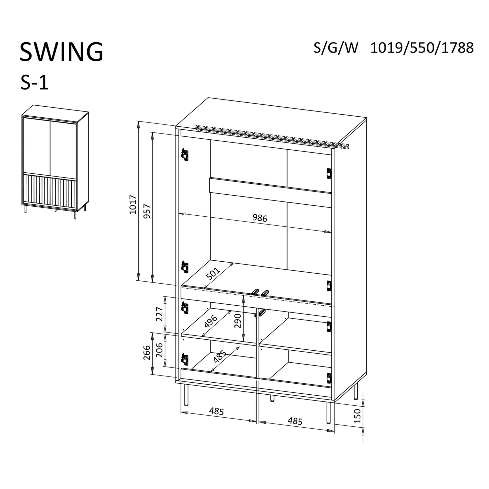 Dulap SWING S-1, nuc/negru, PAL laminat/metal, cu 4 usi, 102x55x179 cm