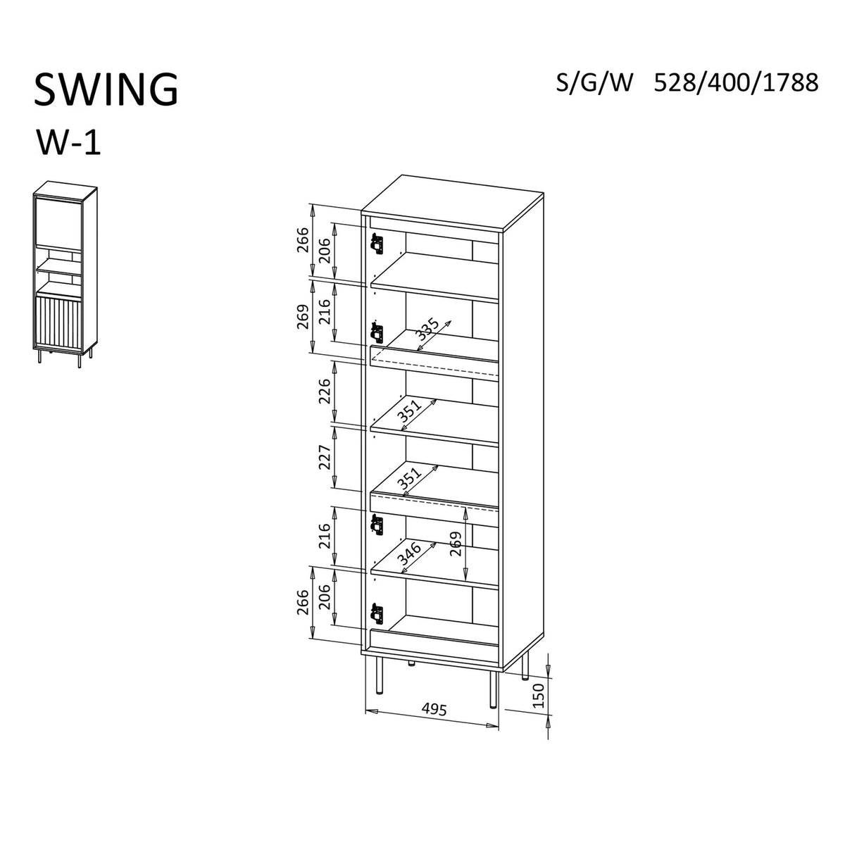 Biblioteca SWING W-1, nuc/negru, PAL laminat/metal, 53x40x179 cm