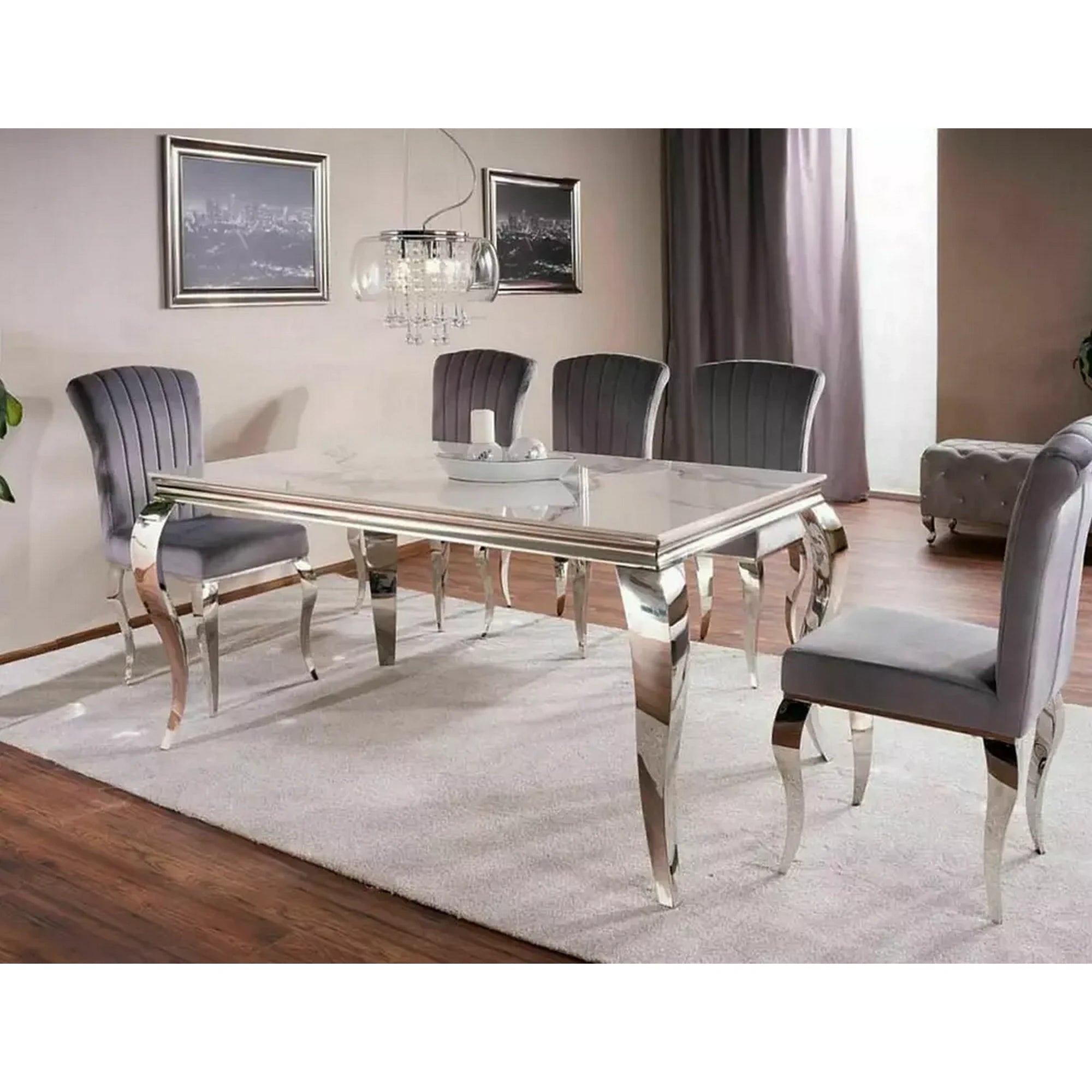 Masa PRINCE, alb cu efect de marmura/crom, ceramica/metal, 180x90x75 cm