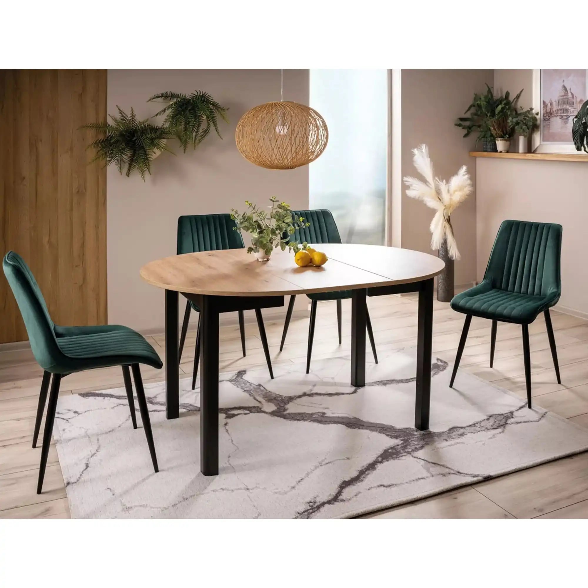 Masa extensibila DANTE, stejar artisan/negru mat, PAL laminat, 102/142x102x75 cm