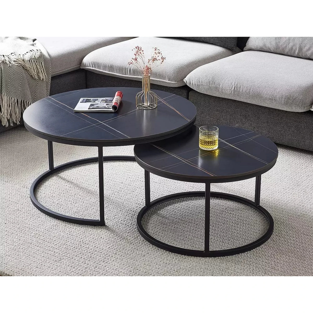 Set 2 masute cafea FERRANTE D, negru, ceramica/metal