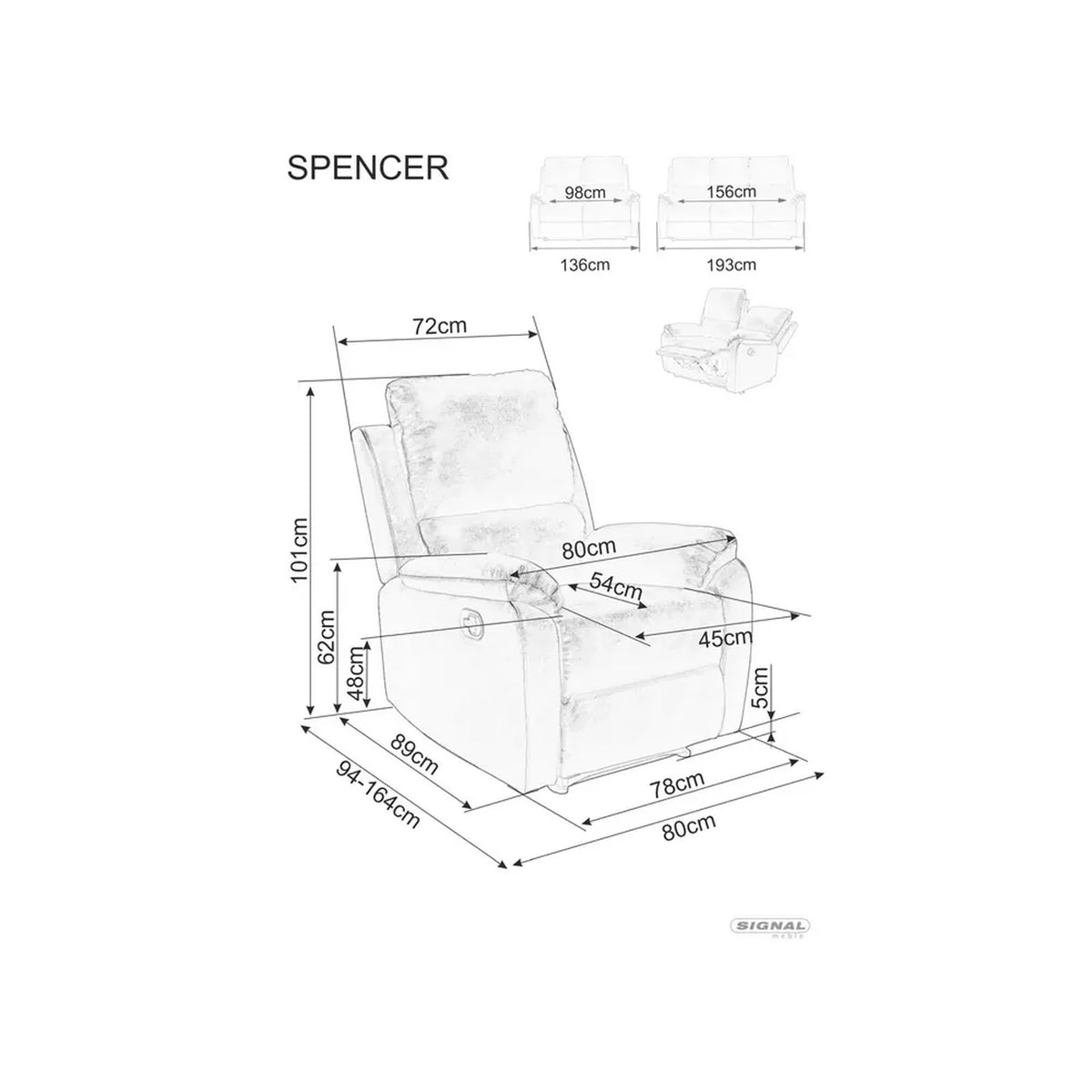 Fotoliu recliner SPENCER 1, gri/negru, stofa catifelata/metal, 80x94/164x101 cm