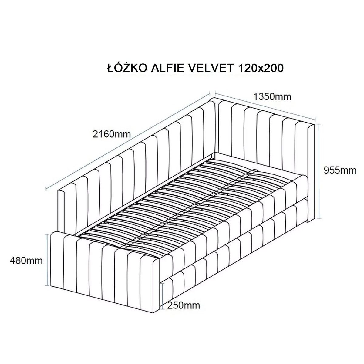Divan 120x200 ALFIE, stofa catifelata gri - Bluvel 14, cu somiera si corp aditional
