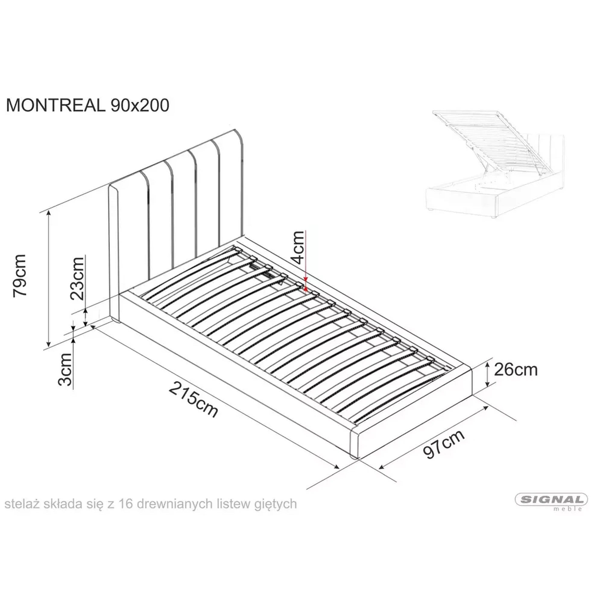 Pat copii o persoana MONTREAL 90x200, stofa catifelata gri - Tap.192, cu somiera si spatiu depozitare