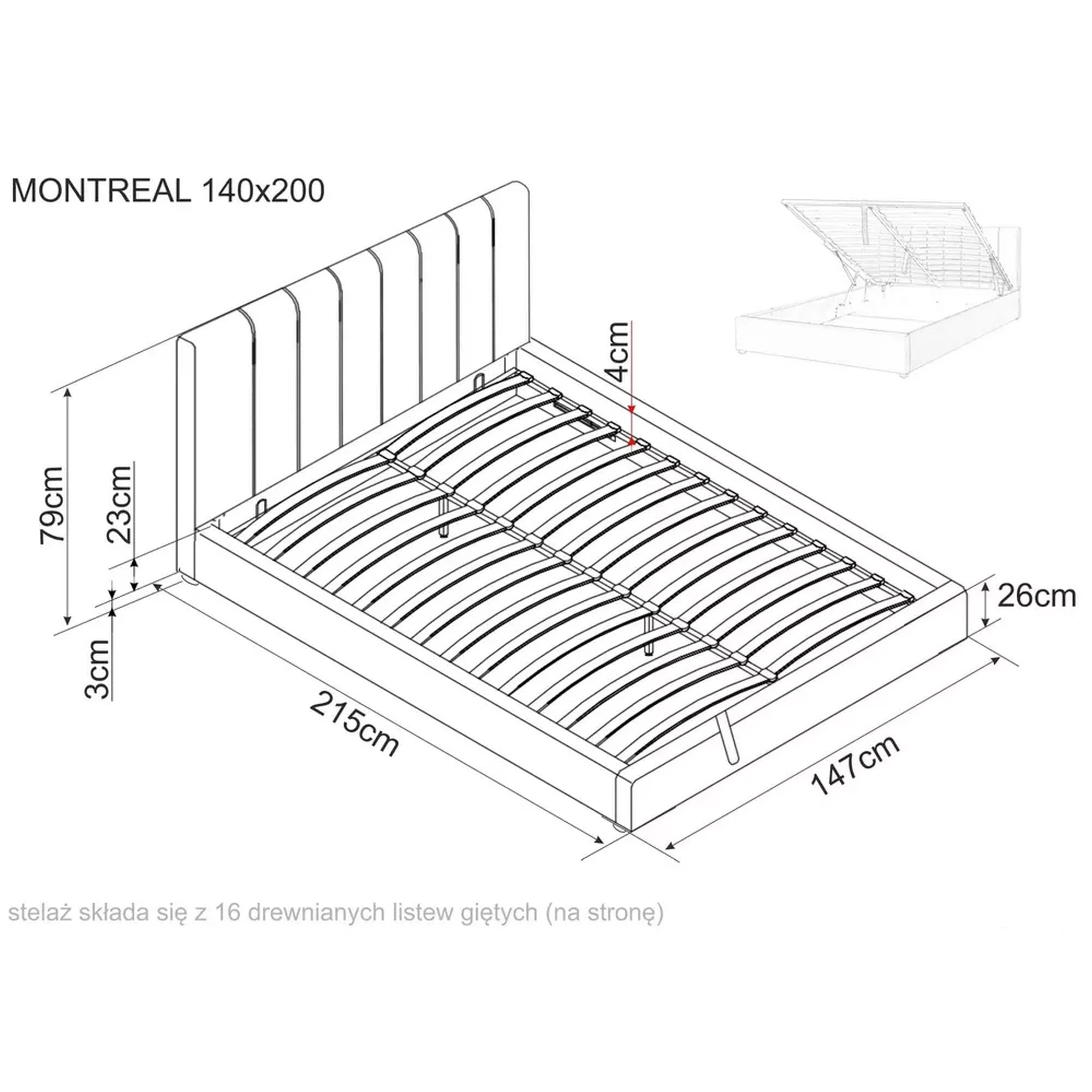 Pat 140 cm MONTREAL, stofa catifelata bej - Bluvel 28, cu somiera si spatiu depozitare