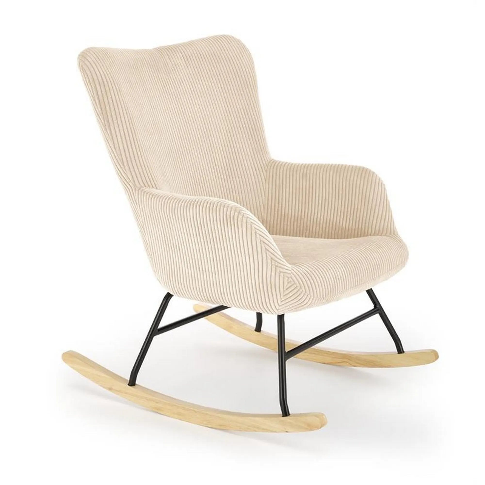Fotoliu balansoar BELMIRO, crem/negru/stejar, stofa catifelata/metal/lemn, 72x88x98 cm