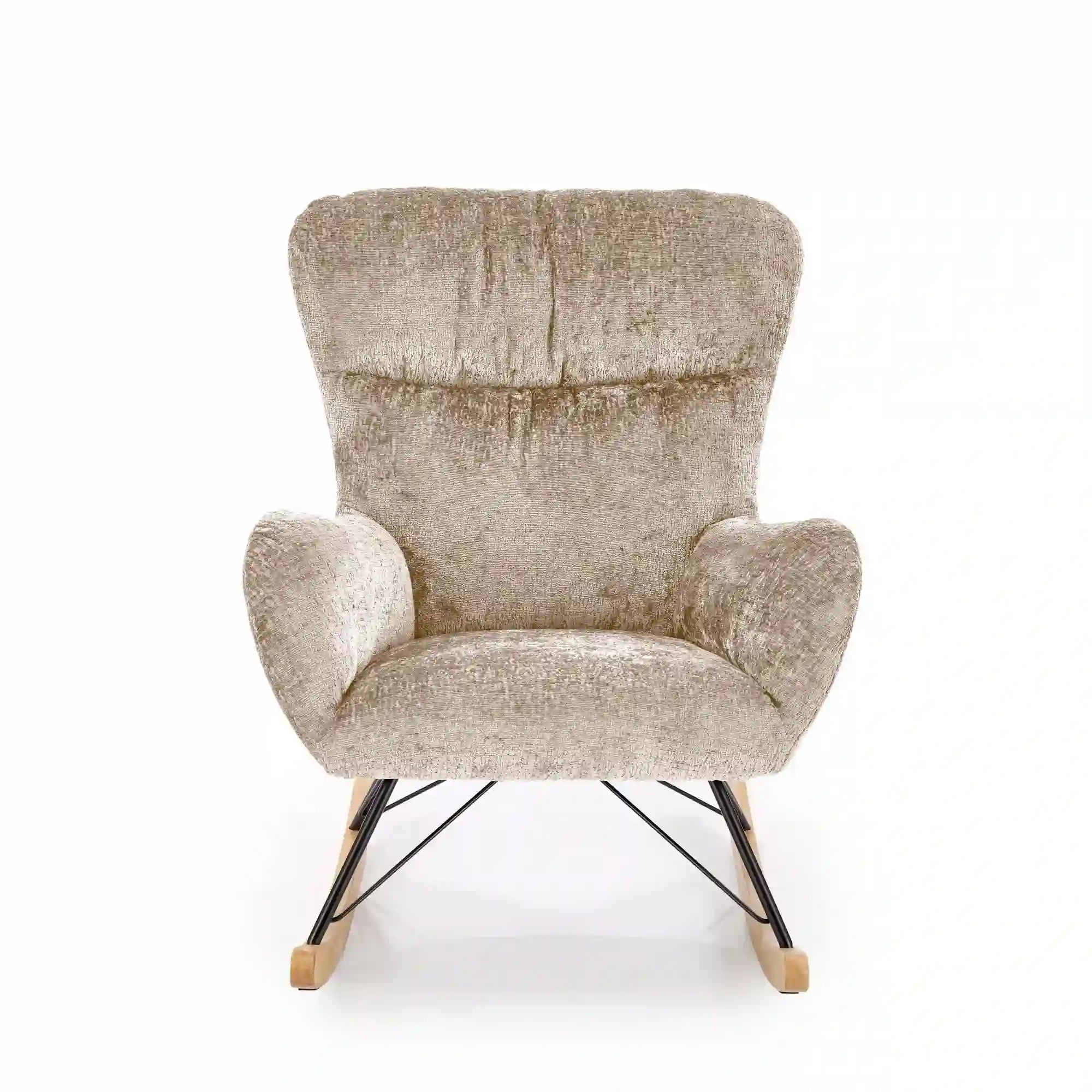 Fotoliu balansoar CASTRO, bej/negru/stejar, stofa catifelata/metal/lemn, 77x106x92 cm