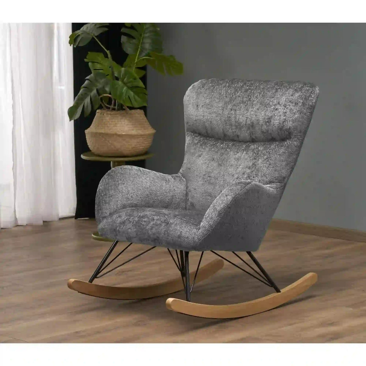 Fotoliu balansoar CASTRO, gri/negru/stejar, stofa catifelata/metal/lemn, 77x106x92 cm