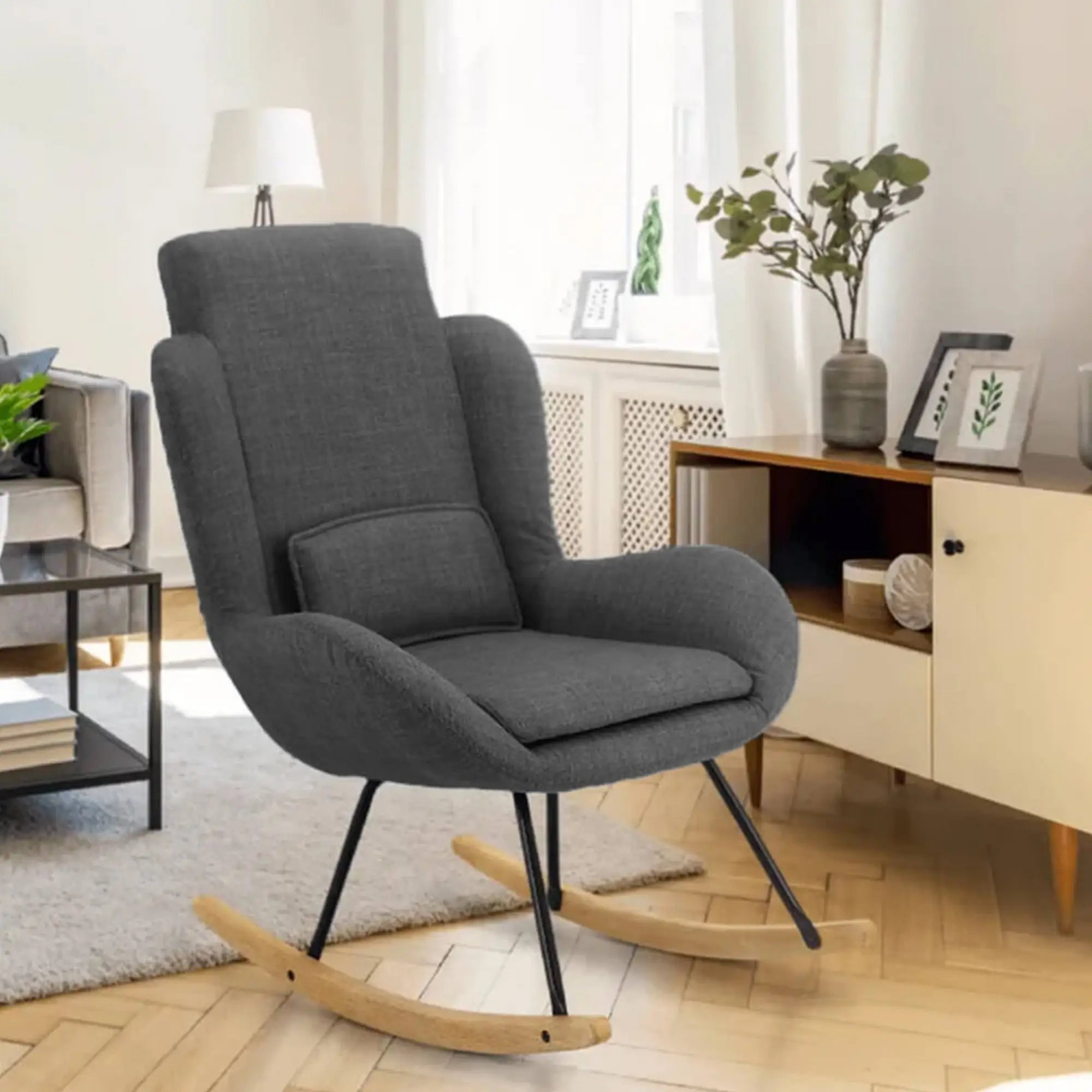 Fotoliu balansoar HARPER, metal/lemn/stofa clasica gri inchis/stejar, 75x83x110 cm