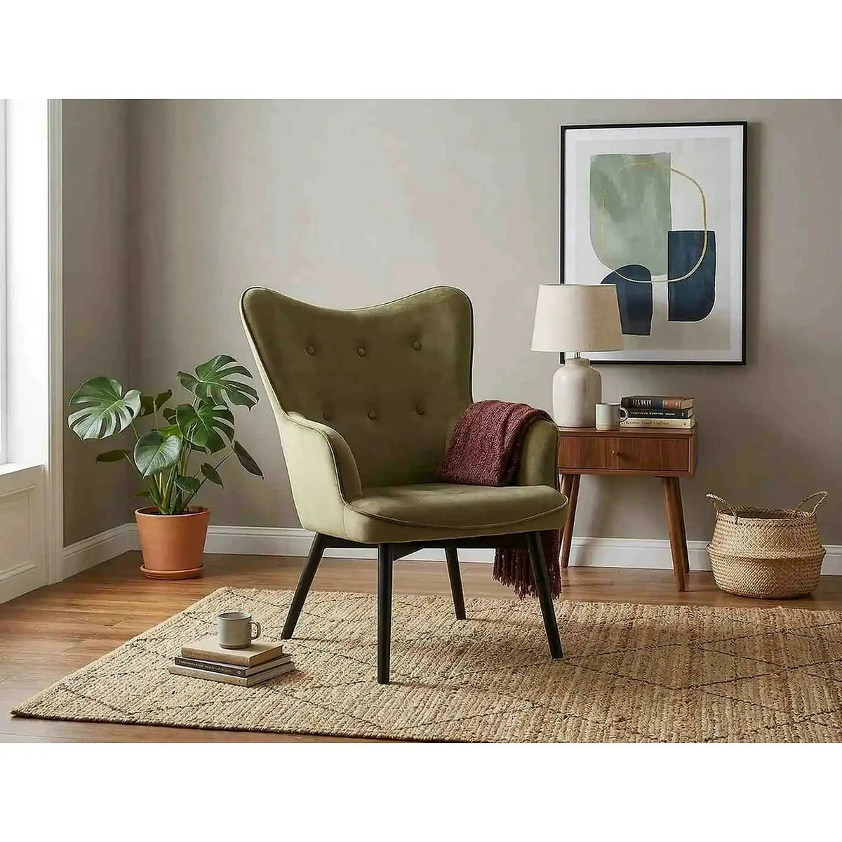 Fotoliu CARMEN, stofa catifelata verde olive - Bluvel 77, 72x75x99 cm