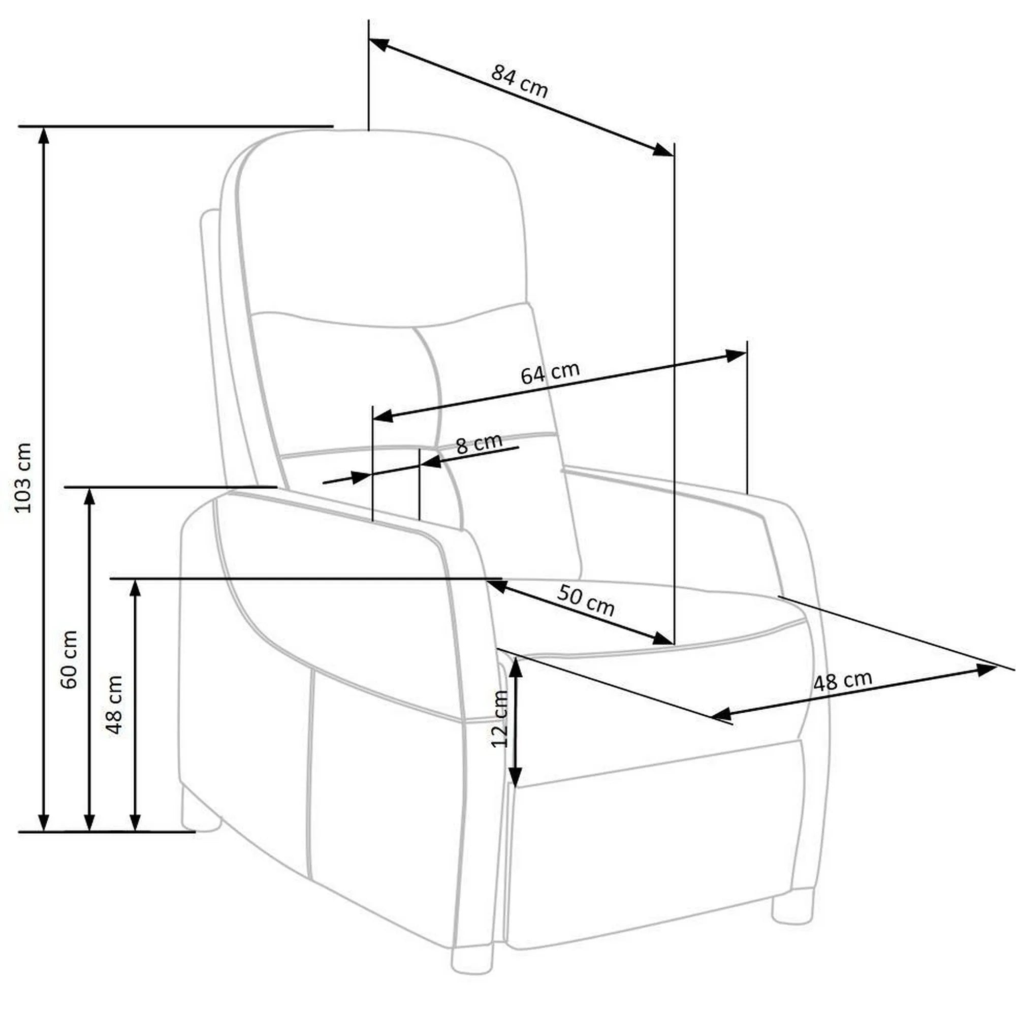 Fotoliu FELIPE 2, stofa catifelata gri - Bluvel 14, 64x84/135x76/103 cm