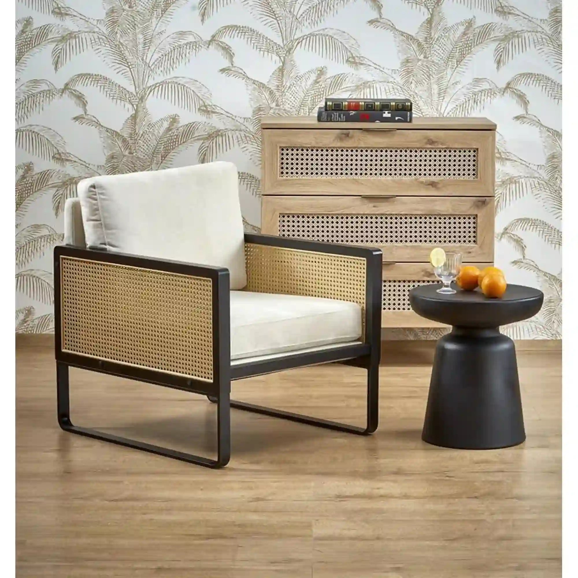 Fotoliu gradina ILARIO, bej/negru, stofa catifelata/otel, 64x67x77 cm