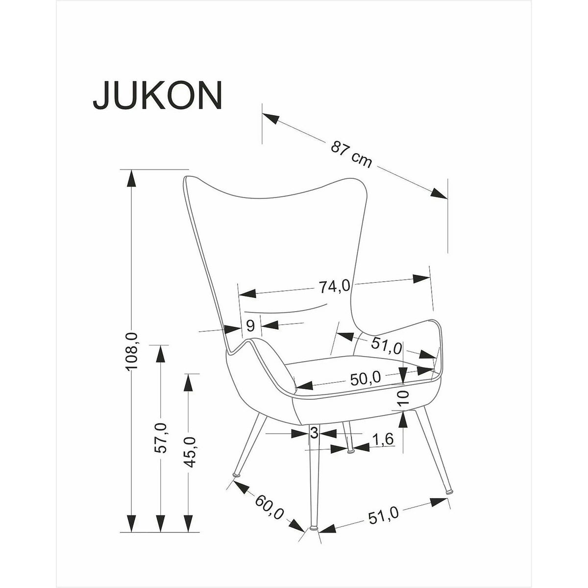 Fotoliu JUKON, crem/negru, stofa clasica/otel, 74x87x108 cm