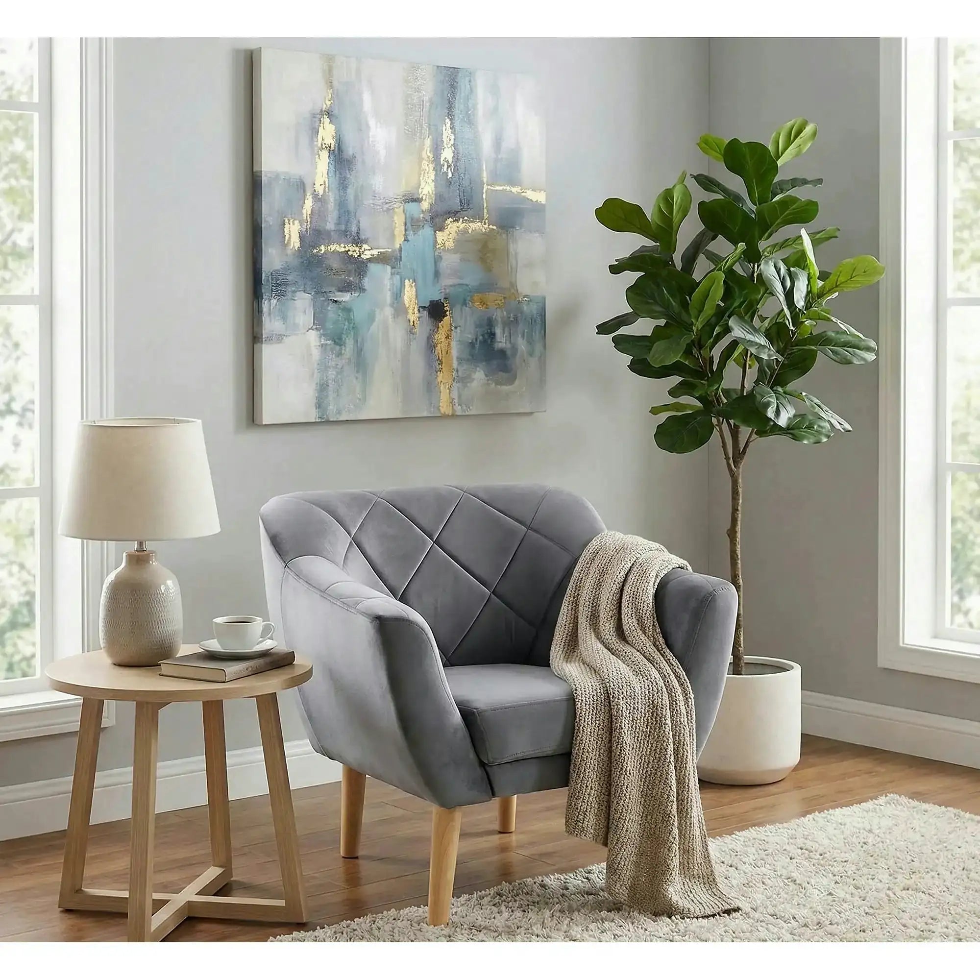 Fotoliu KARO, stofa catifelata gri deschis - Bluvel 14/fag, 78x75x76 cm