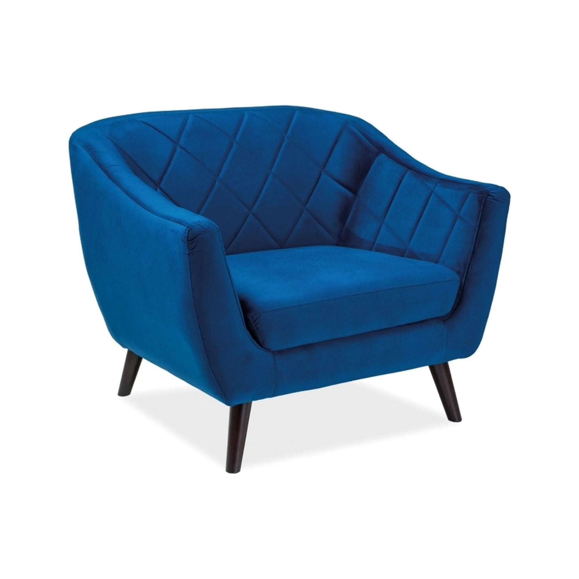 Fotoliu MOLLY albastru marin/wenge, stofa catifelata/lemn, 105x85x83 cm