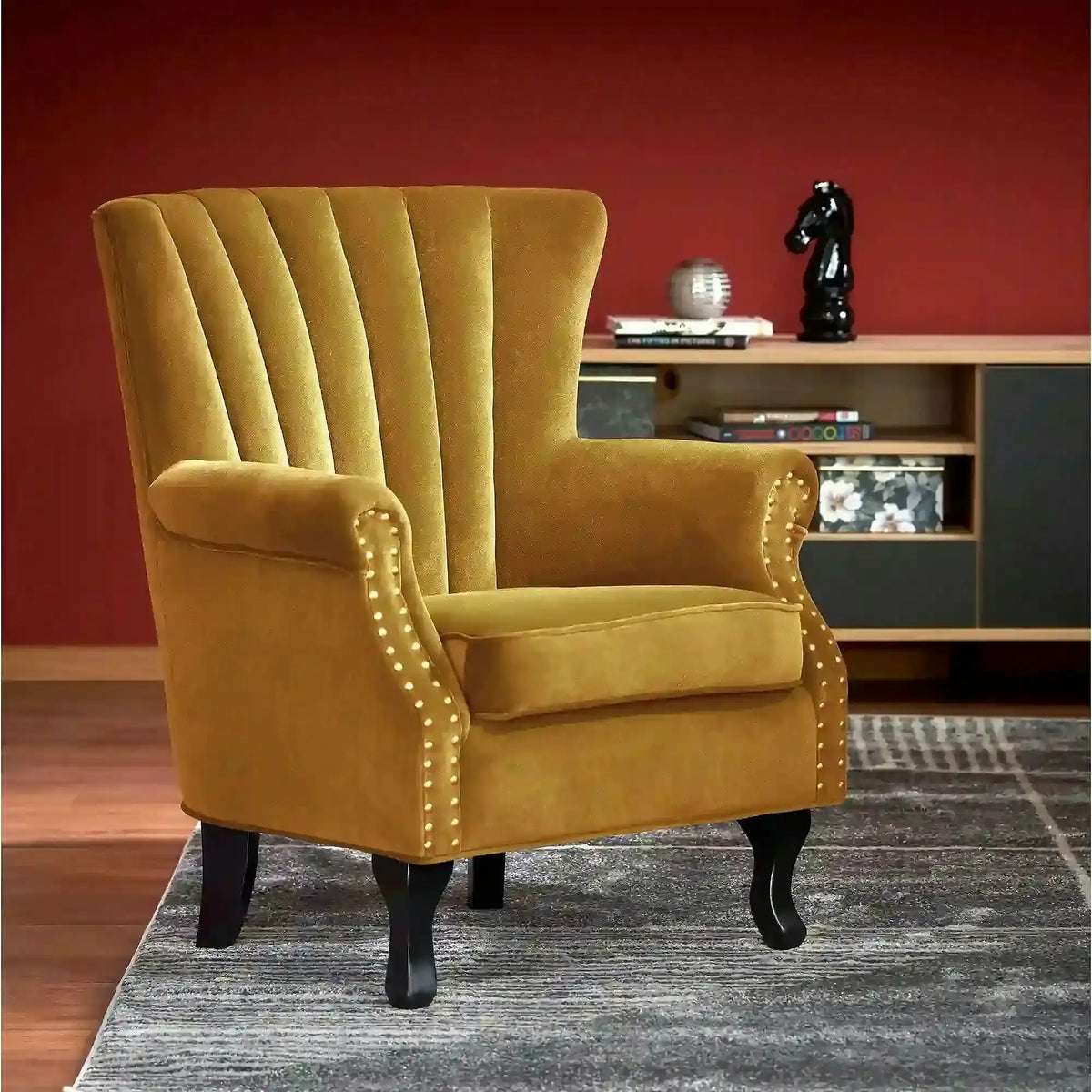 Fotoliu pentru living TITAN, galben mustar/negru, stofa catifelata/lemn, 73x70x87 cm