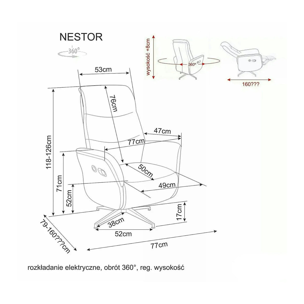 Fotoliu rabatabil NESTOR, gri, stofă/metal, 77x50x118 cm