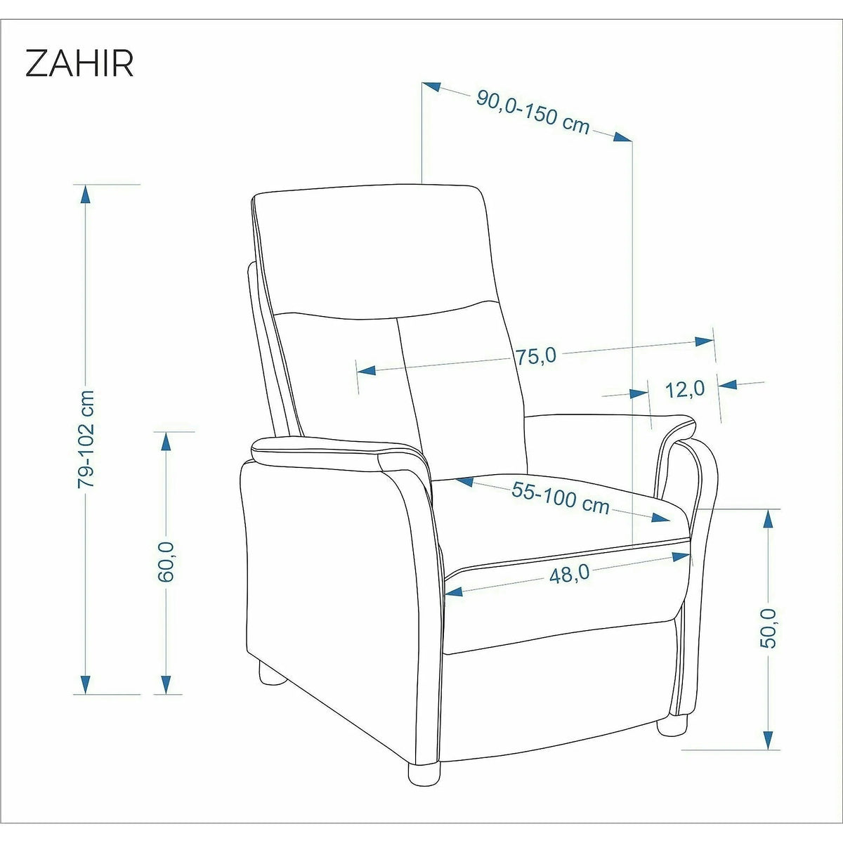 Fotoliu rabatabil ZAHIR, stofa clasica gri, 75x90/150x102/79 cm