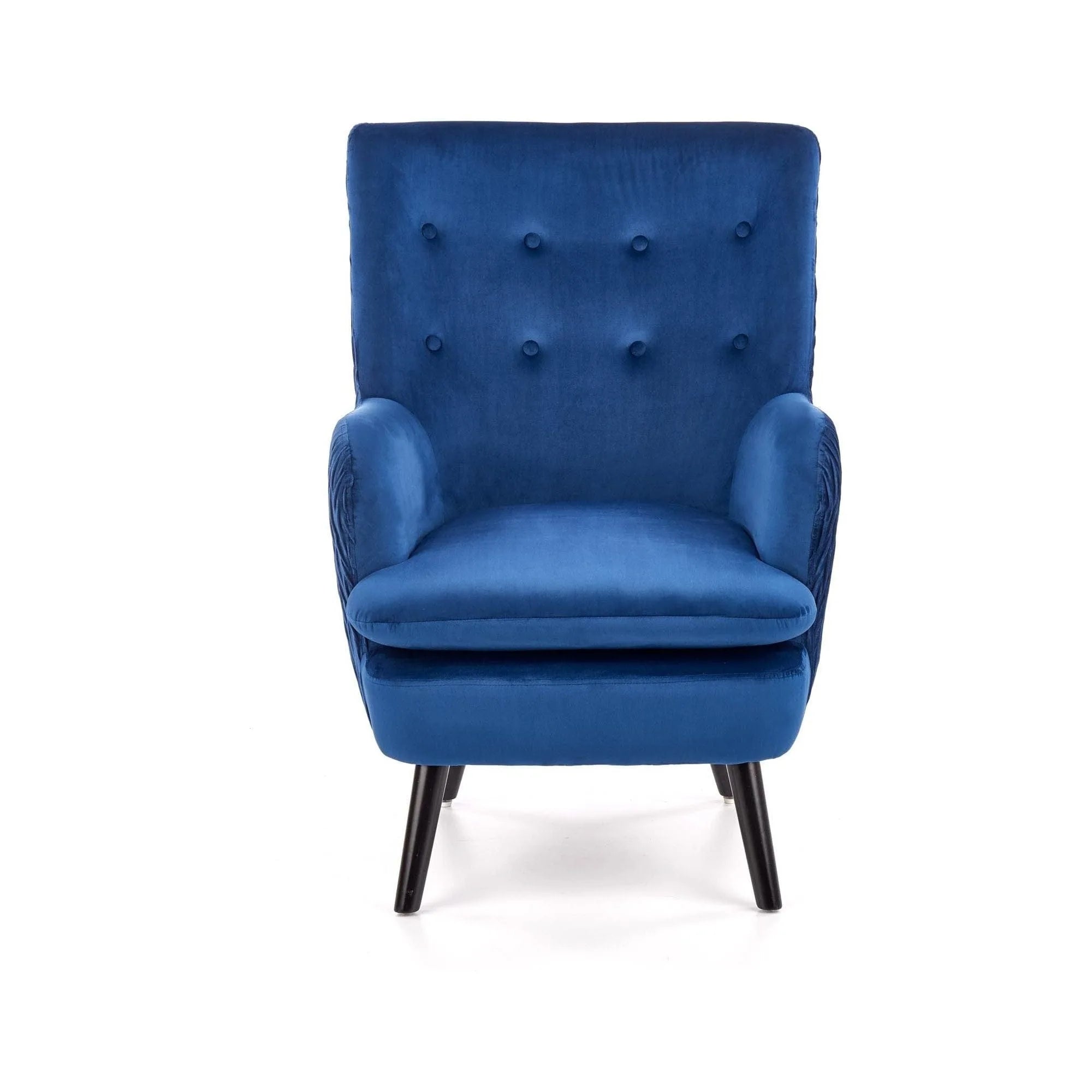 Fotoliu RAVEL, albastru marin/negru, stofa catifelata/lemn, 70x78x100 cm