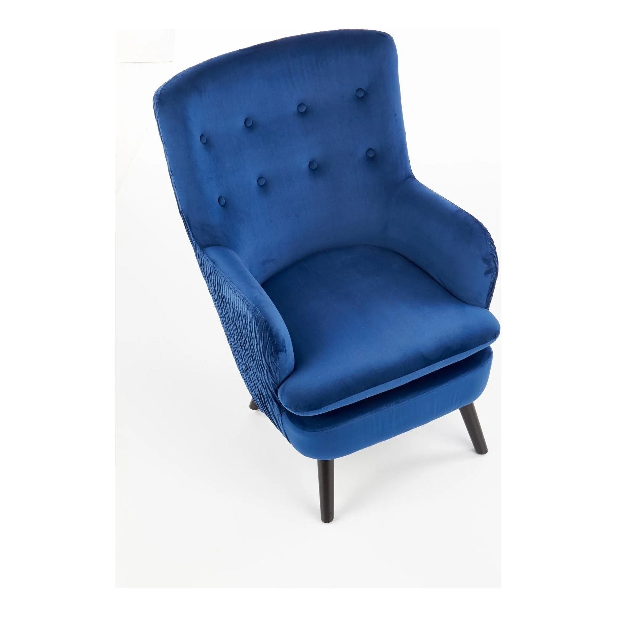 Fotoliu RAVEL, albastru marin/negru, stofa catifelata/lemn, 70x78x100 cm