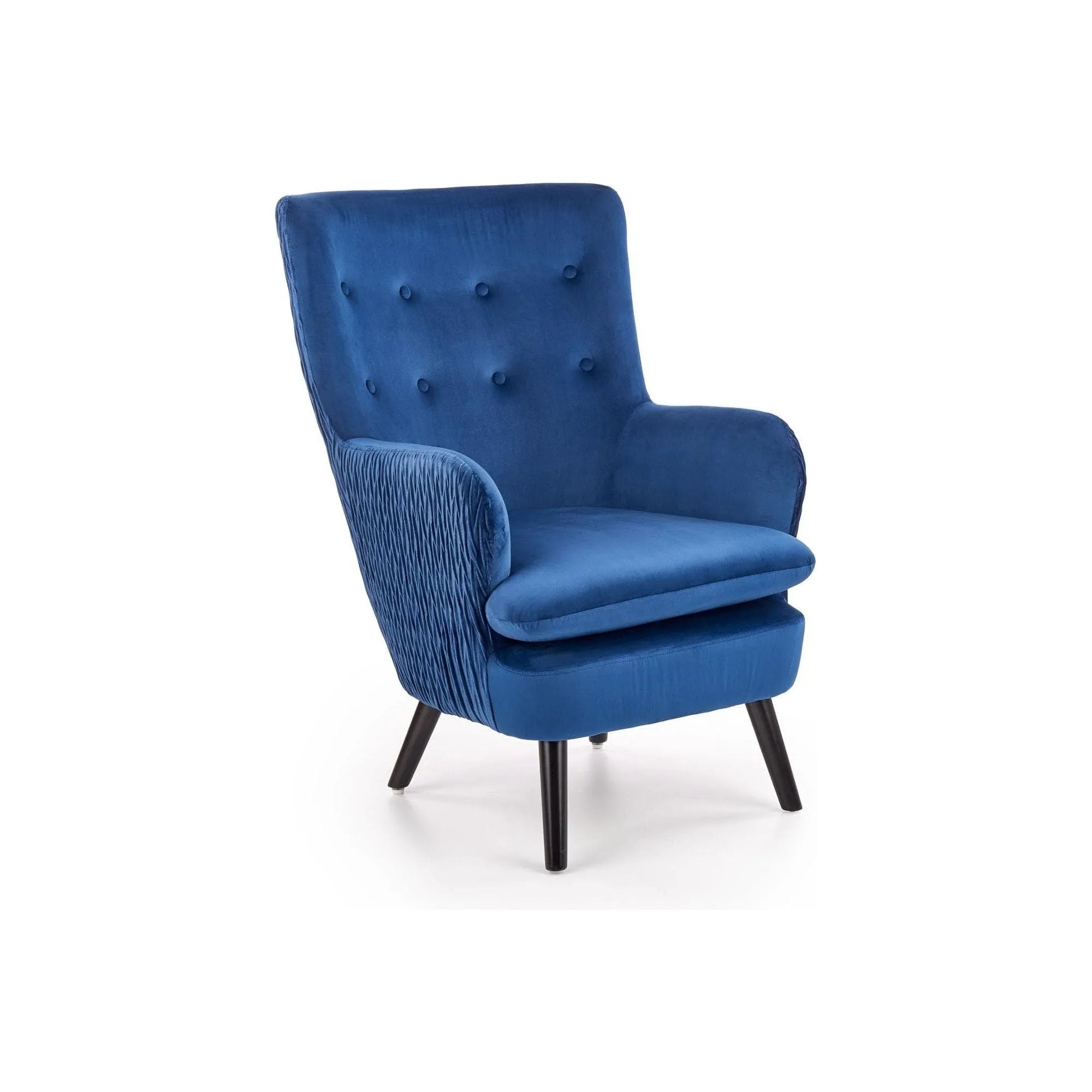 Fotoliu RAVEL, albastru marin/negru, stofa catifelata/lemn, 70x78x100 cm