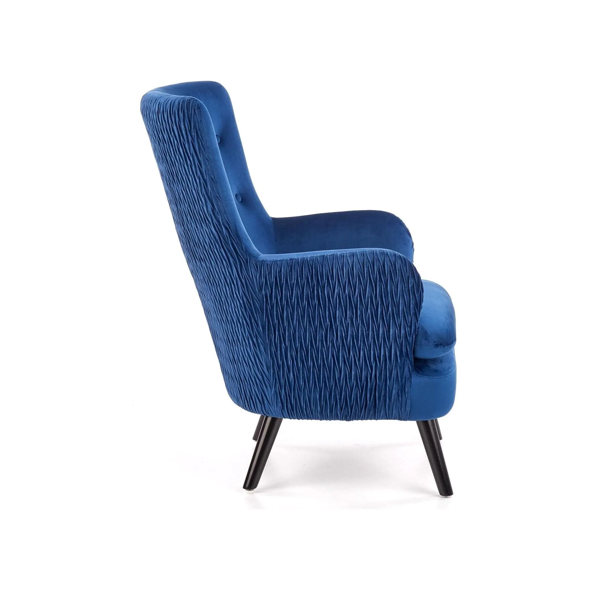 Fotoliu RAVEL, albastru marin/negru, stofa catifelata/lemn, 70x78x100 cm