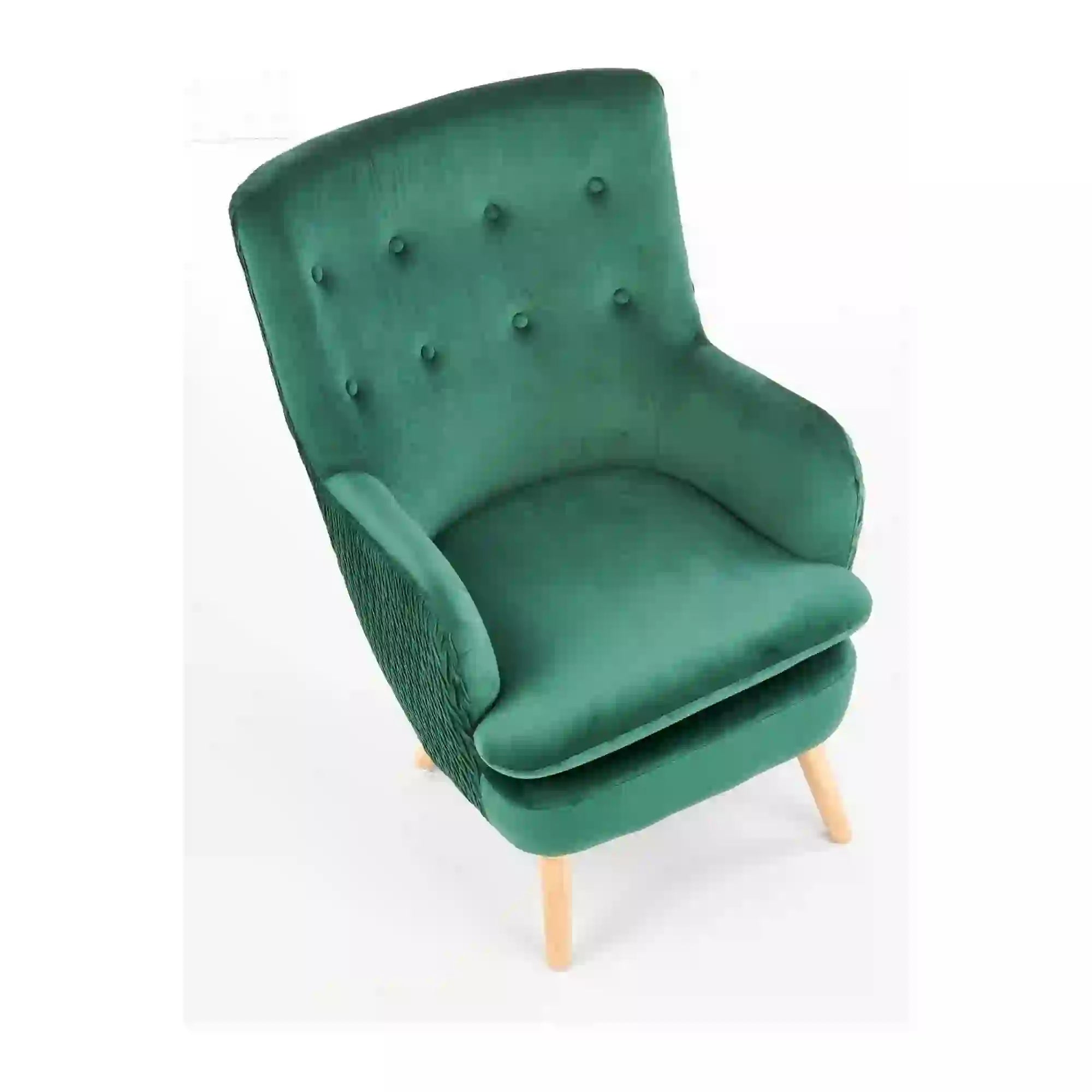 Fotoliu RAVEL, verde inchis/stejar natural, stofa catifelata/lemn, 70x78x100 cm