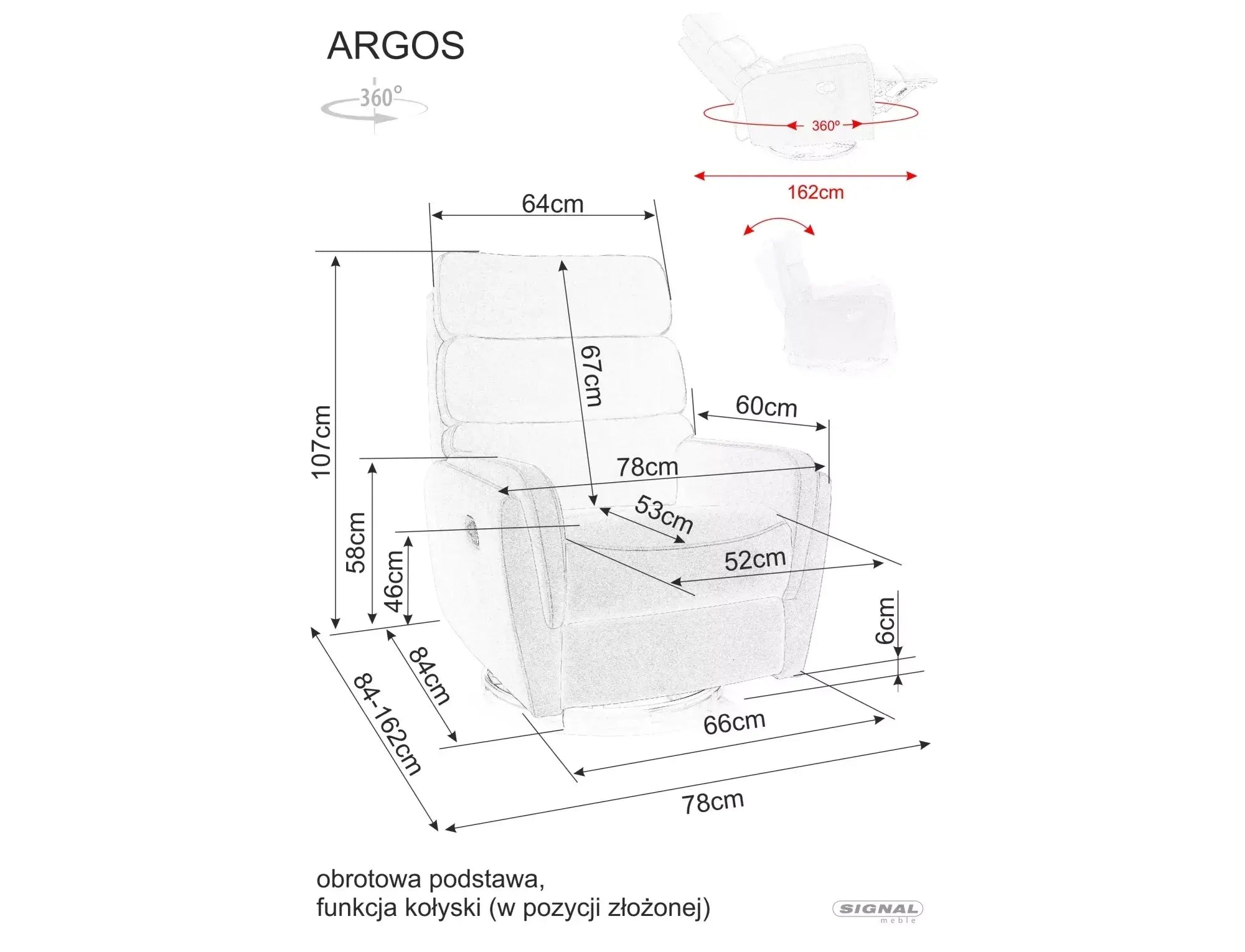 Fotoliu recliner ARGOS, stofa clasica gri - Raven 07, 78x82/162x107 cm