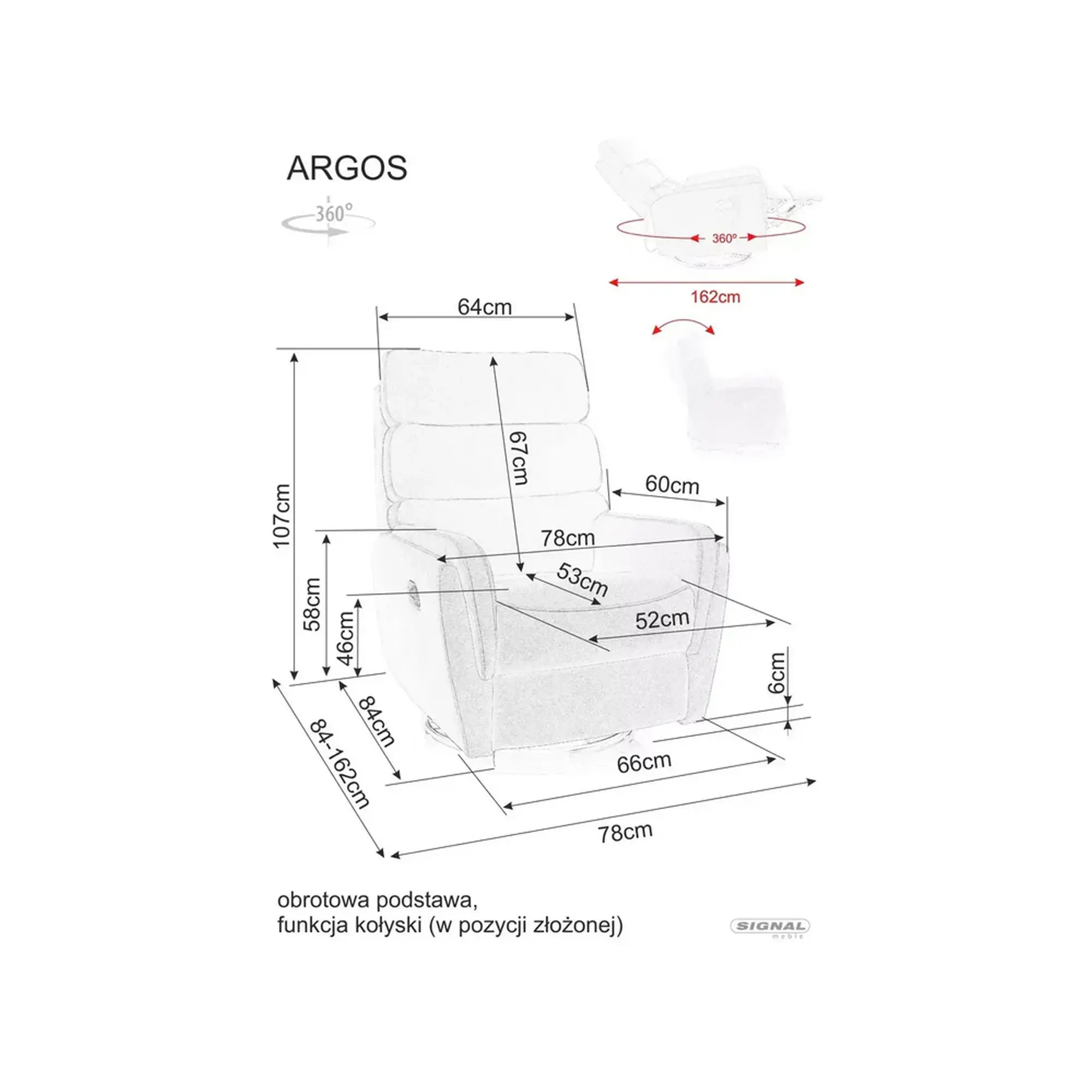 Fotoliu recliner ARGOS, stofa clasica gri - Raven 07, 78x82/162x107 cm