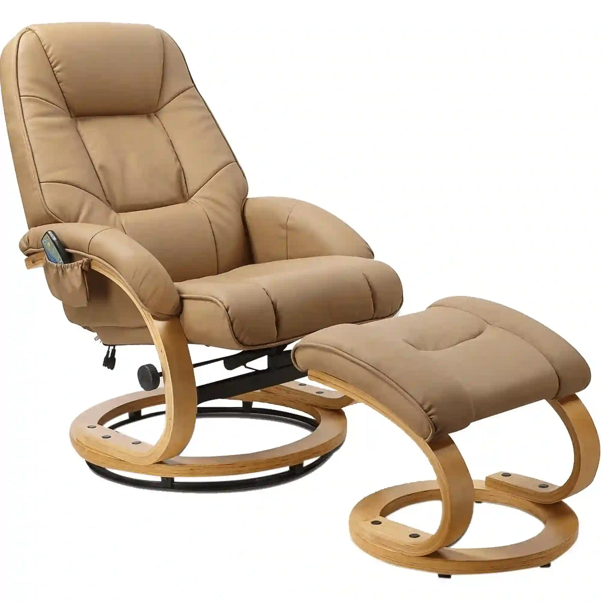 Fotoliu recliner cu taburet MATADOR, bej/stejar, piele ecologica/lemn