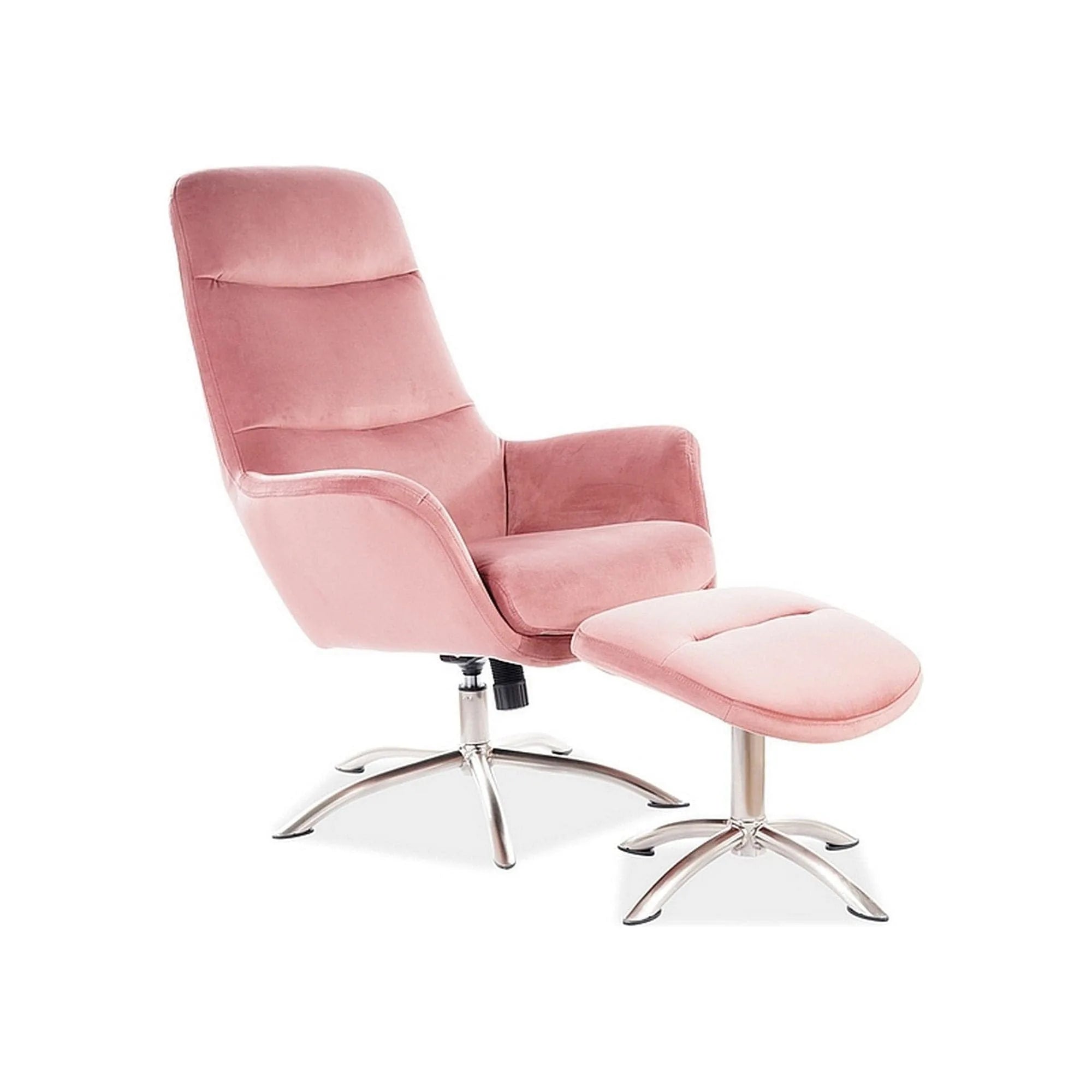 Fotoliu recliner cu taburet NIXON, roz pudra/crom, stofa catifelata/metal