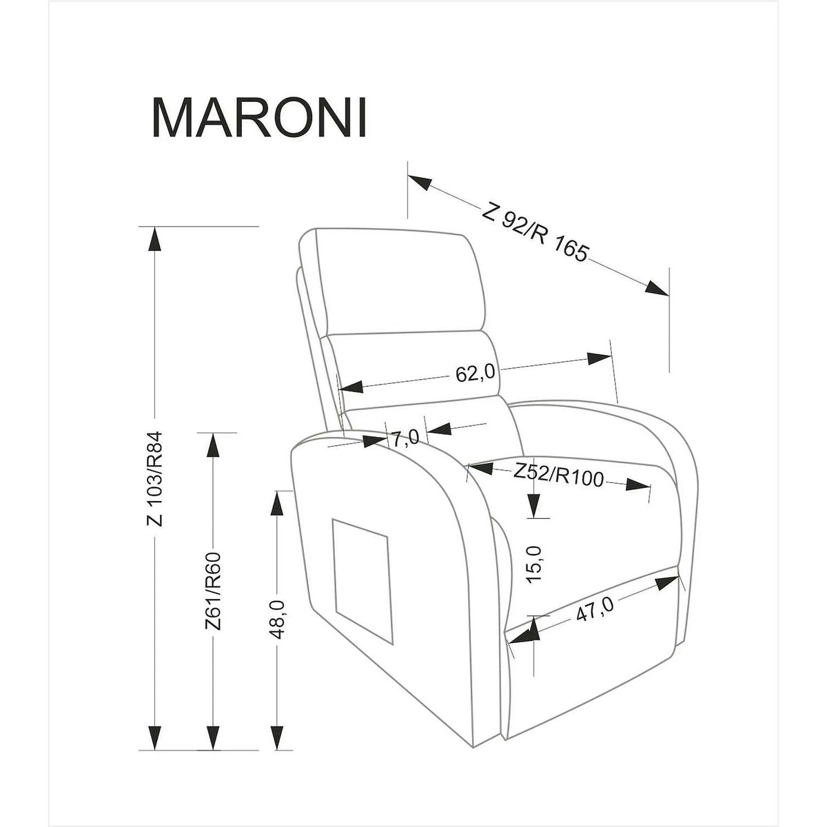 Fotoliu recliner MARONI, stofa catifelata bej - Bluvel 40, 62x92/165x103/84 cm
