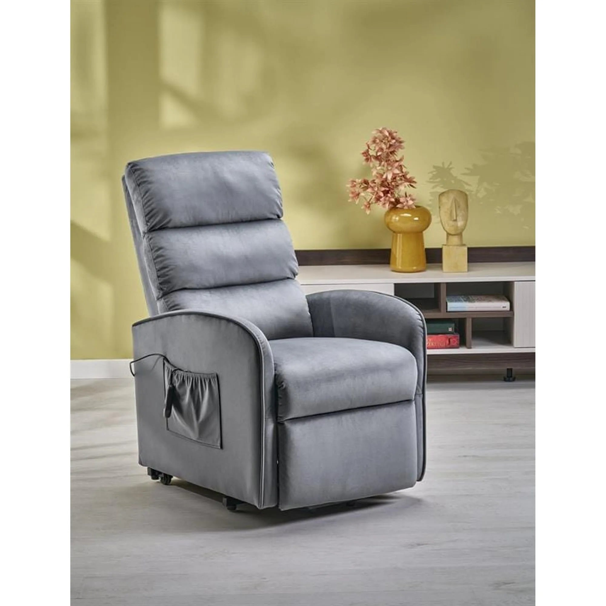 Fotoliu recliner MARONI, stofa catifelata gri - Bluvel 14, 62x92/165x103/84 cm